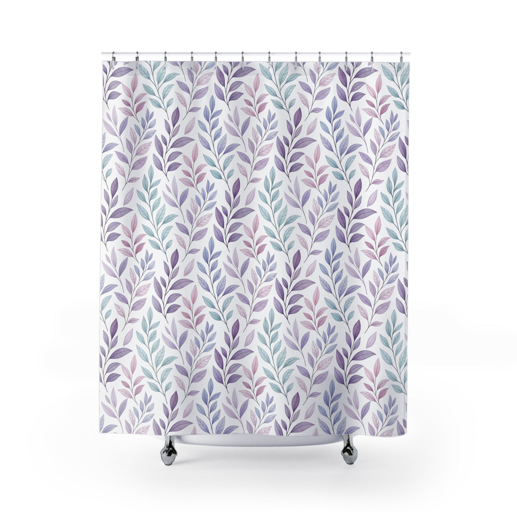 Pastel Leaf Shower Curtain — Lavender & Teal Botanical Bathroom Decor