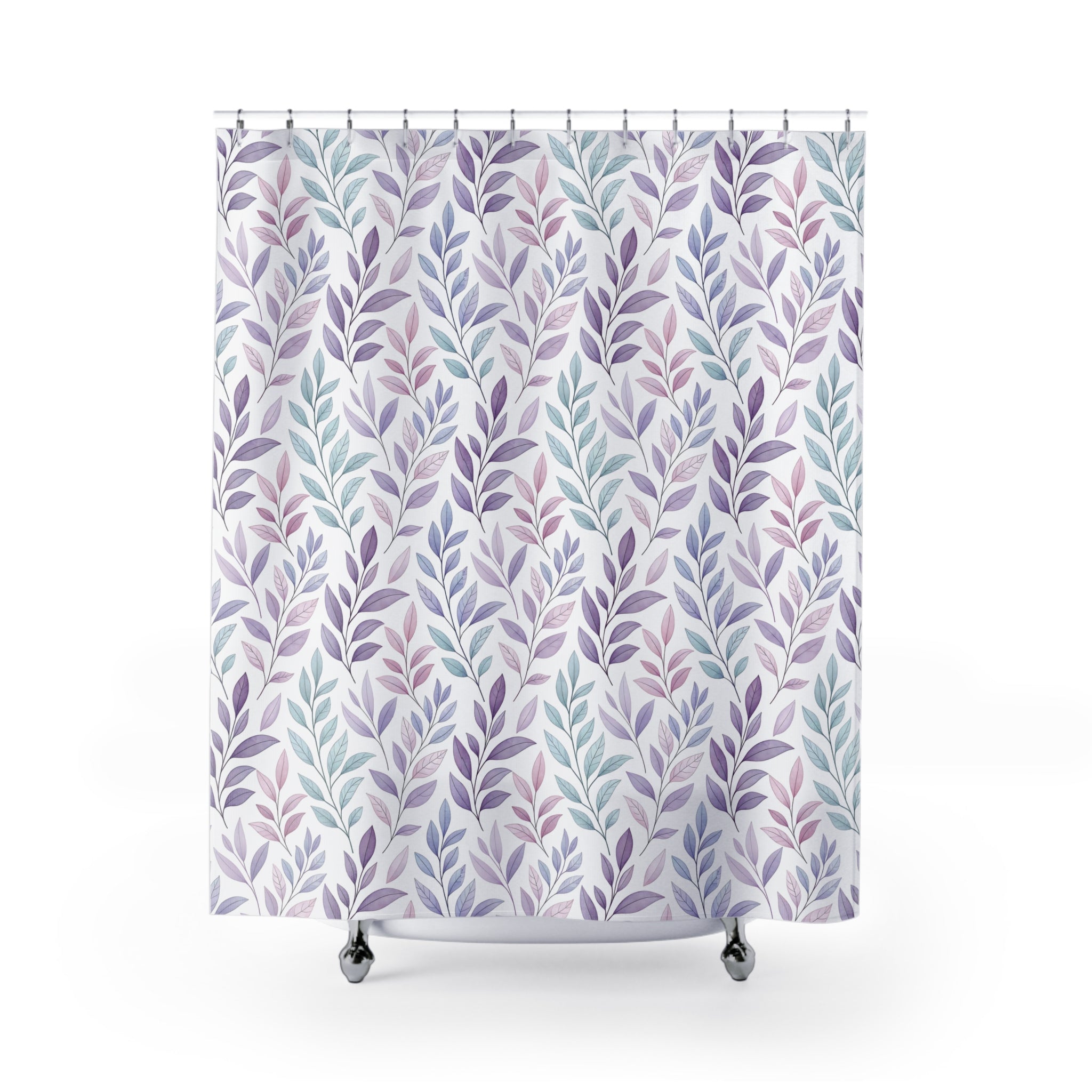 Pastel Leaf Shower Curtain — Lavender & Teal Botanical Bathroom Decor