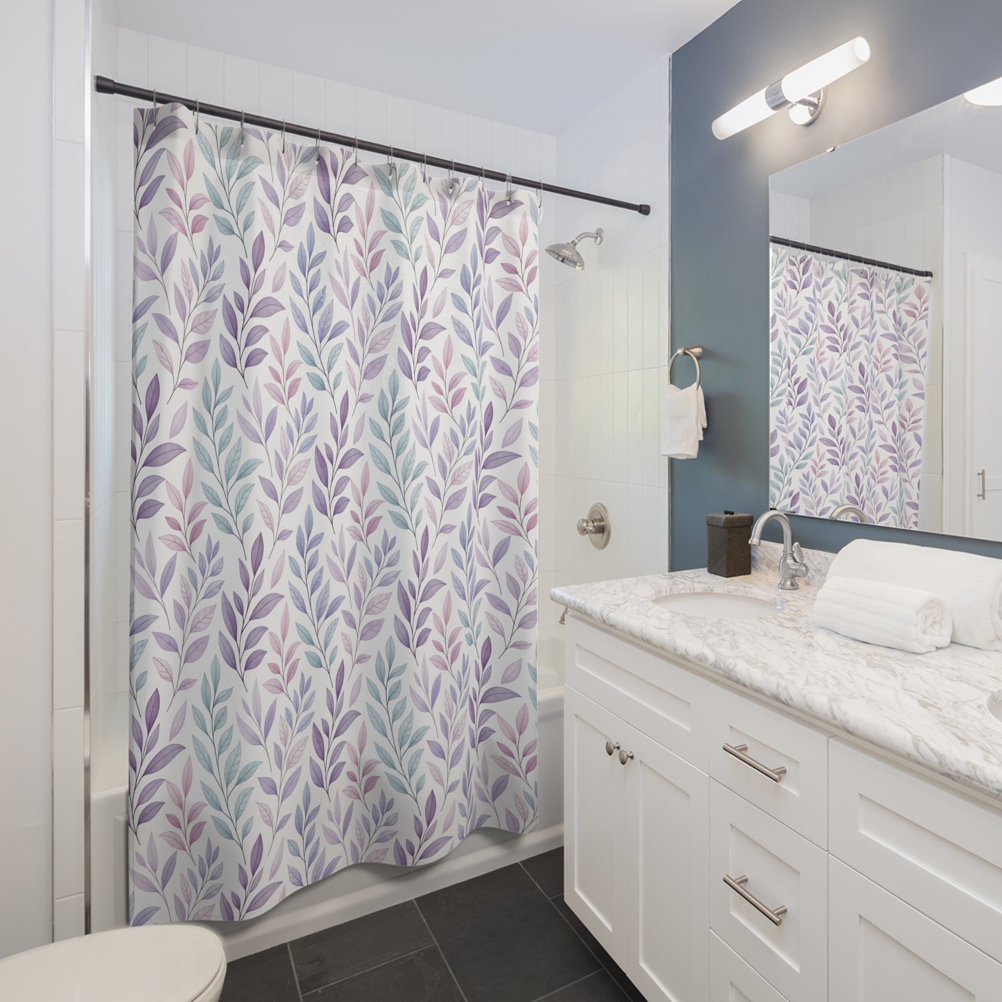 Pastel Leaf Shower Curtain — Lavender & Teal Botanical Bathroom Decor