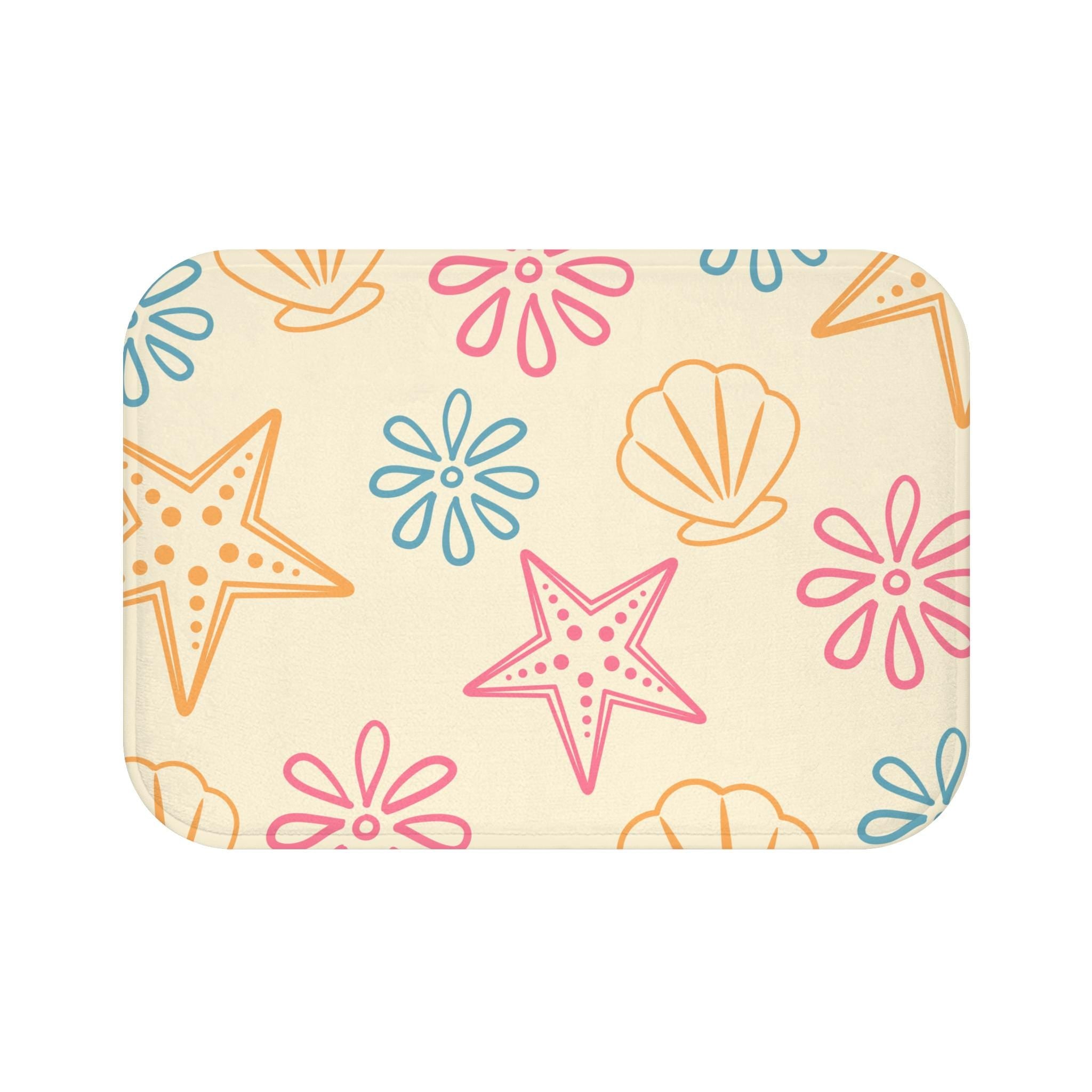 Pastel Seashell Starfish Pattern Bath Mat  Beach Bathroom Decor, Coastal Inspired Beach Bathroom Rug, Housewarming Gift, Seaside Bathroommat