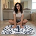 Nautical Anchor Pattern Bath Mat | Marine Wheel Compass Rope Design, Boating Bathroom Shower Curtain, Anchors Floor Rug Bathroom Floor Rug