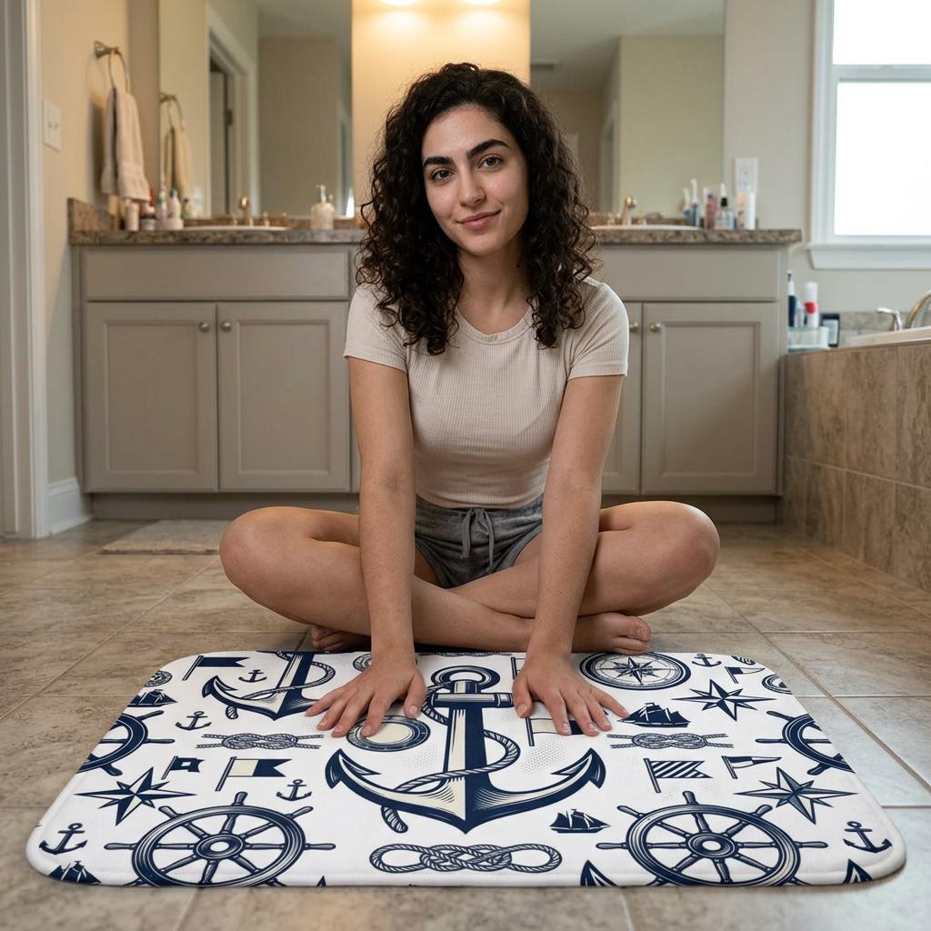Nautical Anchor Pattern Bath Mat | Marine Wheel Compass Rope Design, Boating Bathroom Shower Curtain, Anchors Floor Rug Bathroom Floor Rug