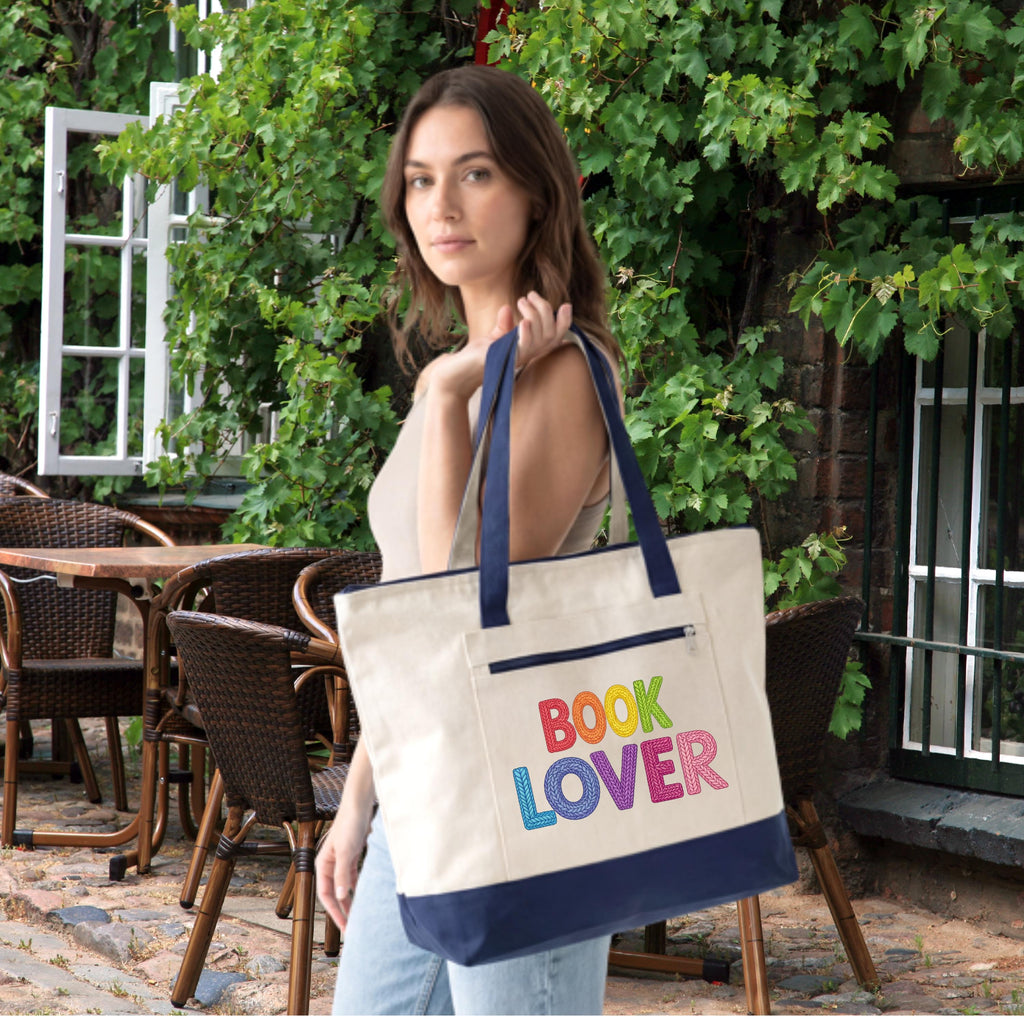 Book Lover Zippered Canvas Tote | Rainbow Text, Reading Theme