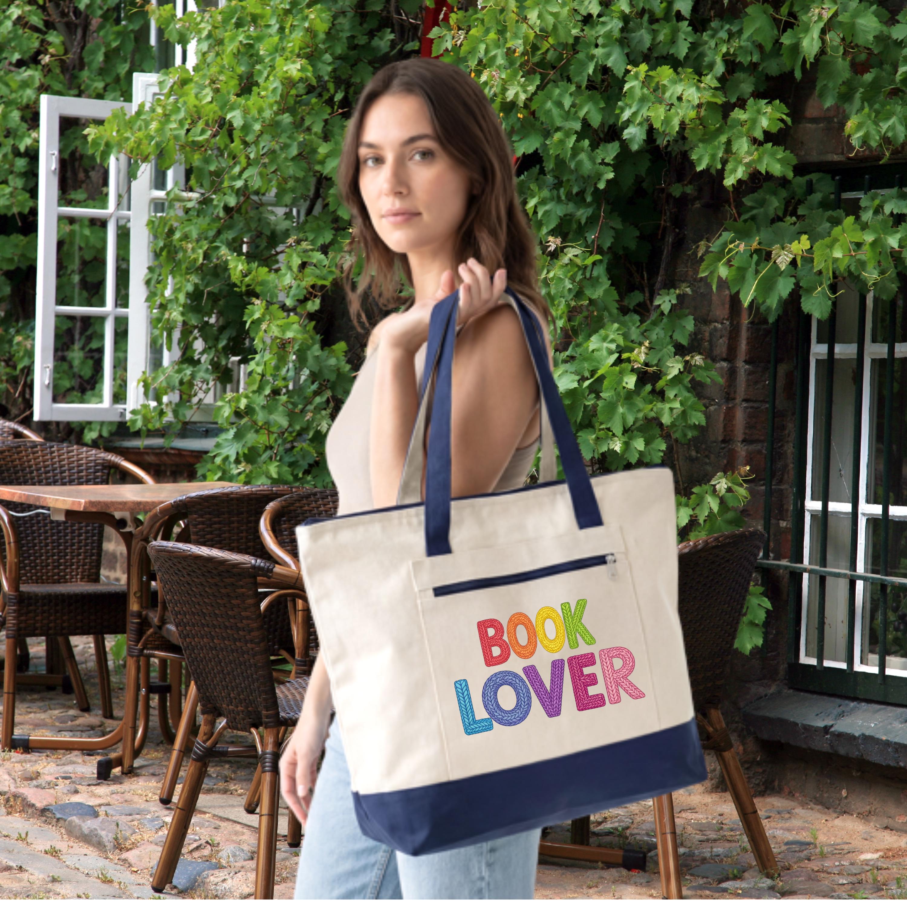 Book Lover Zippered Canvas Tote | Rainbow Text, Reading Theme
