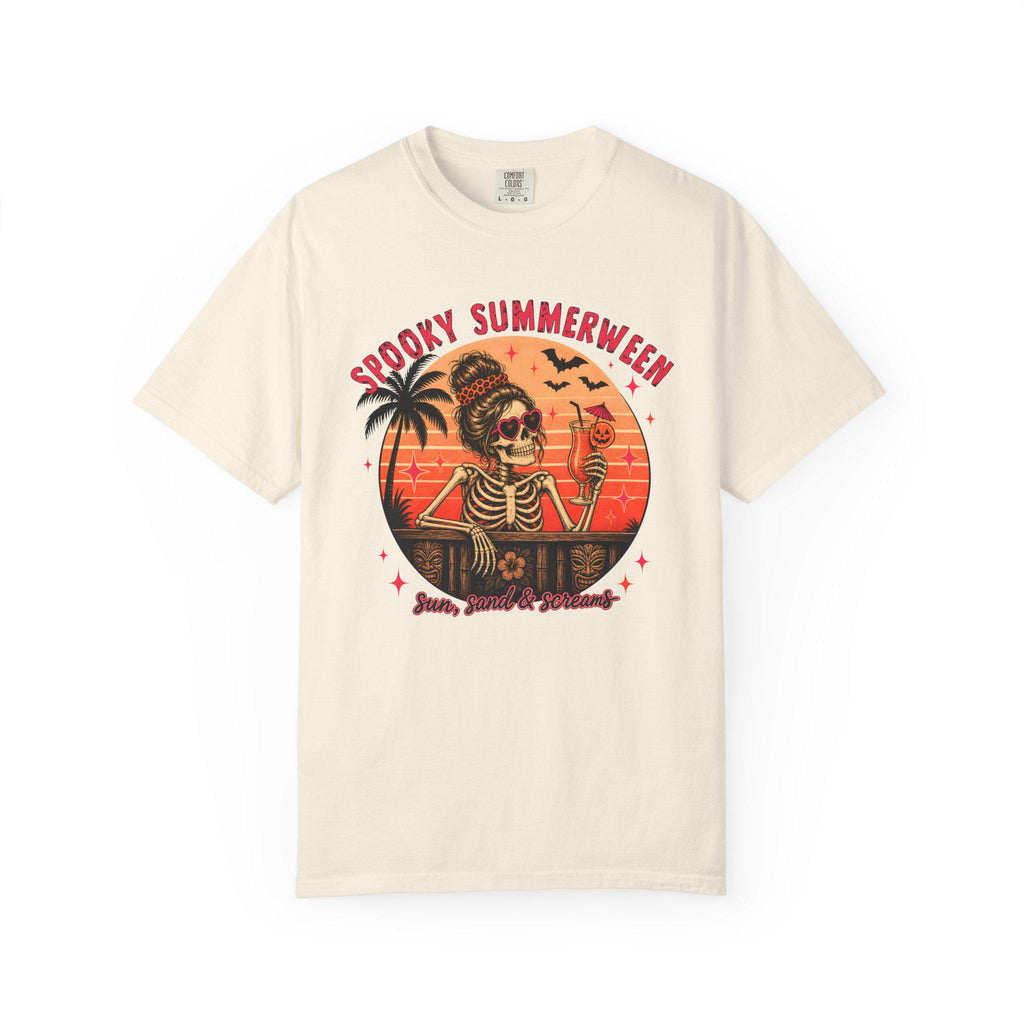 Spooky Summerween T-Shirt, Sun Sand and Screams Skeleton Beach Shirt, Halloween in July Tee, Funny Skeleton Cocktail Shirt