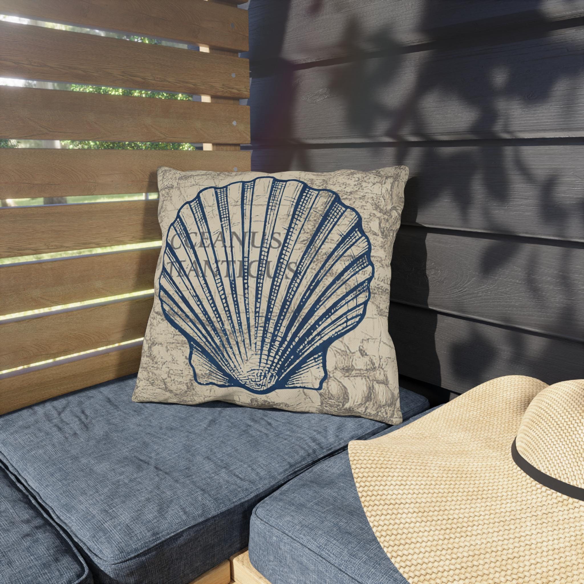 Nautical Blue Shell Pillow | Coastal Seaside Accent, Beach Porch Decor
