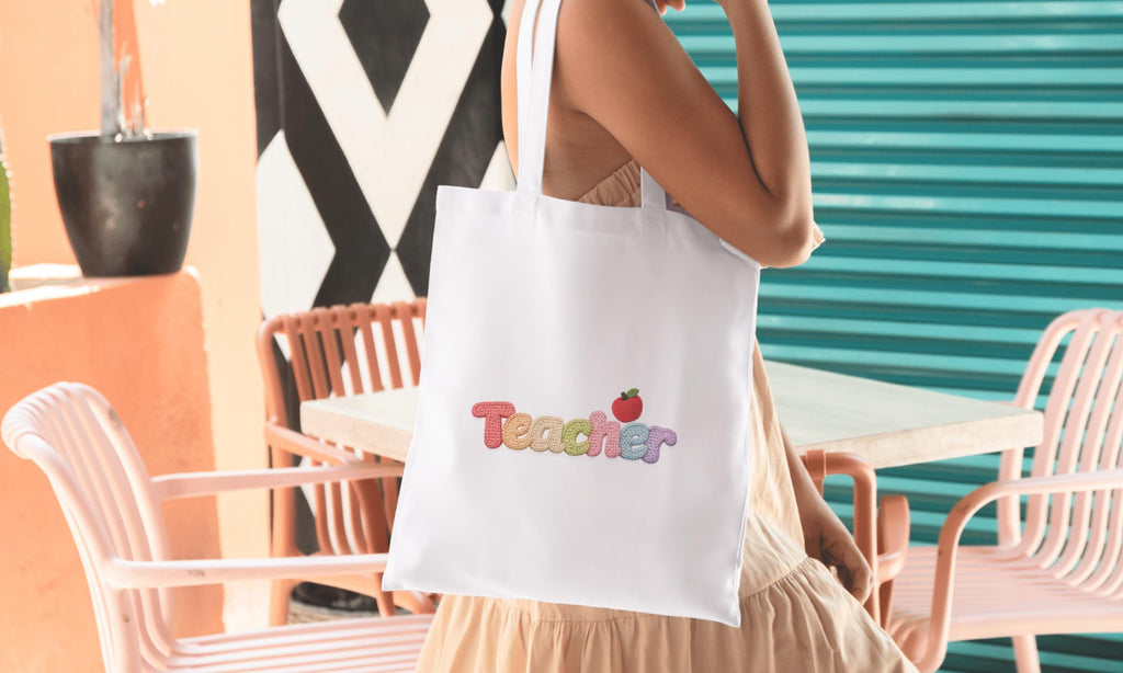 Teacher Tote Bag | Rainbow Letter Apple Design, Cotton Canvas