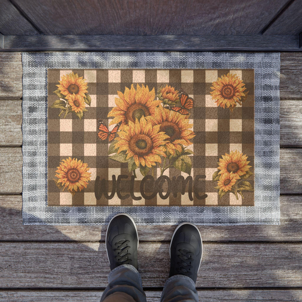 Sunflower Bouquet Doormat | Buffalo Check Welcome Mat, Fall Porch Decor