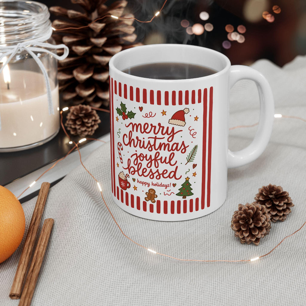 Festive Candy Cane Holly Christmas Typography Mug | 11oz 15oz