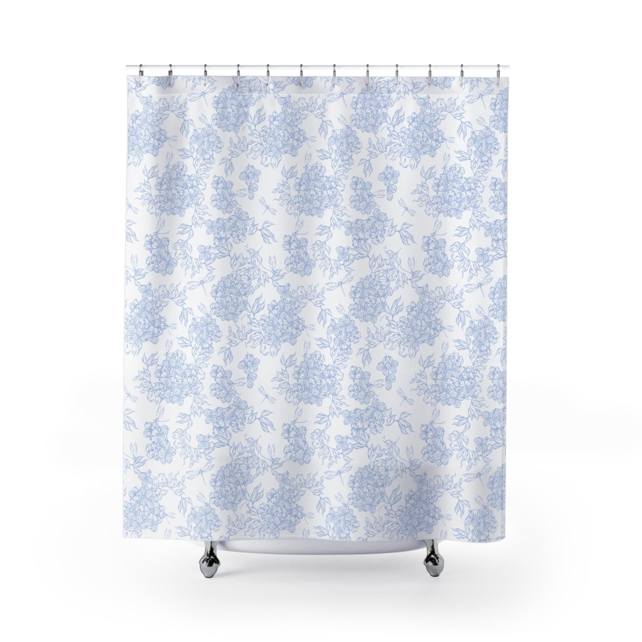Blue Floral Toile Shower Curtain | Cottage Bathroom Decor, New Home Bathroom Gift, Light Blue Floral Cottage Core Shower Curtain
