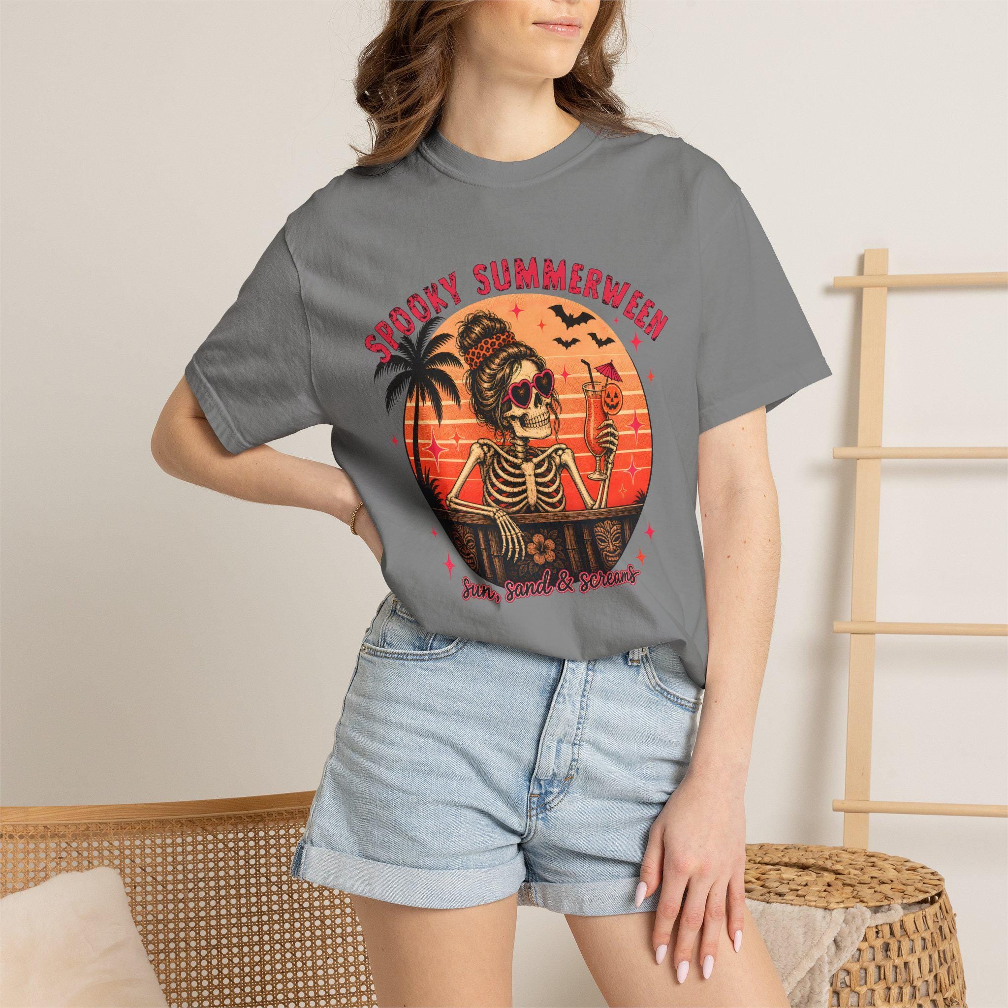 Spooky Summerween T-Shirt, Sun Sand and Screams Skeleton Beach Shirt, Halloween in July Tee, Funny Skeleton Cocktail Shirt