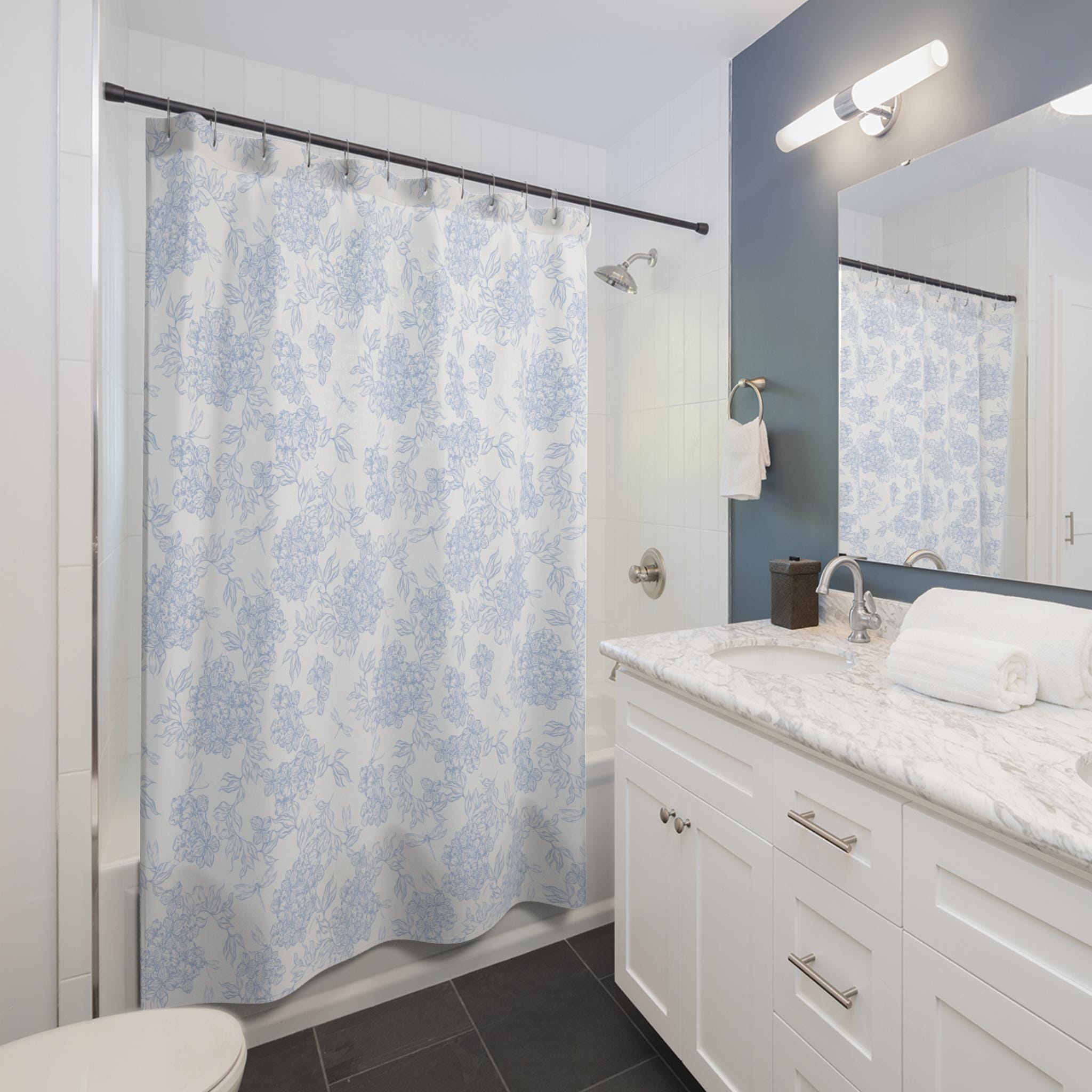 Blue Floral Toile Shower Curtain | Cottage Bathroom Decor, New Home Bathroom Gift, Light Blue Floral Cottage Core Shower Curtain