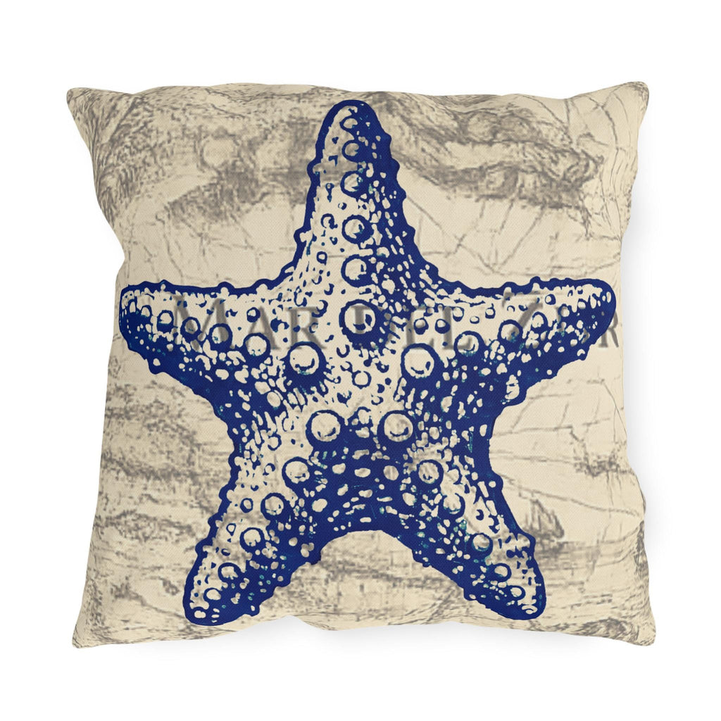 Nautical Blue Starfish Outdoor Pillow | Coastal Beach Decorative Cushion