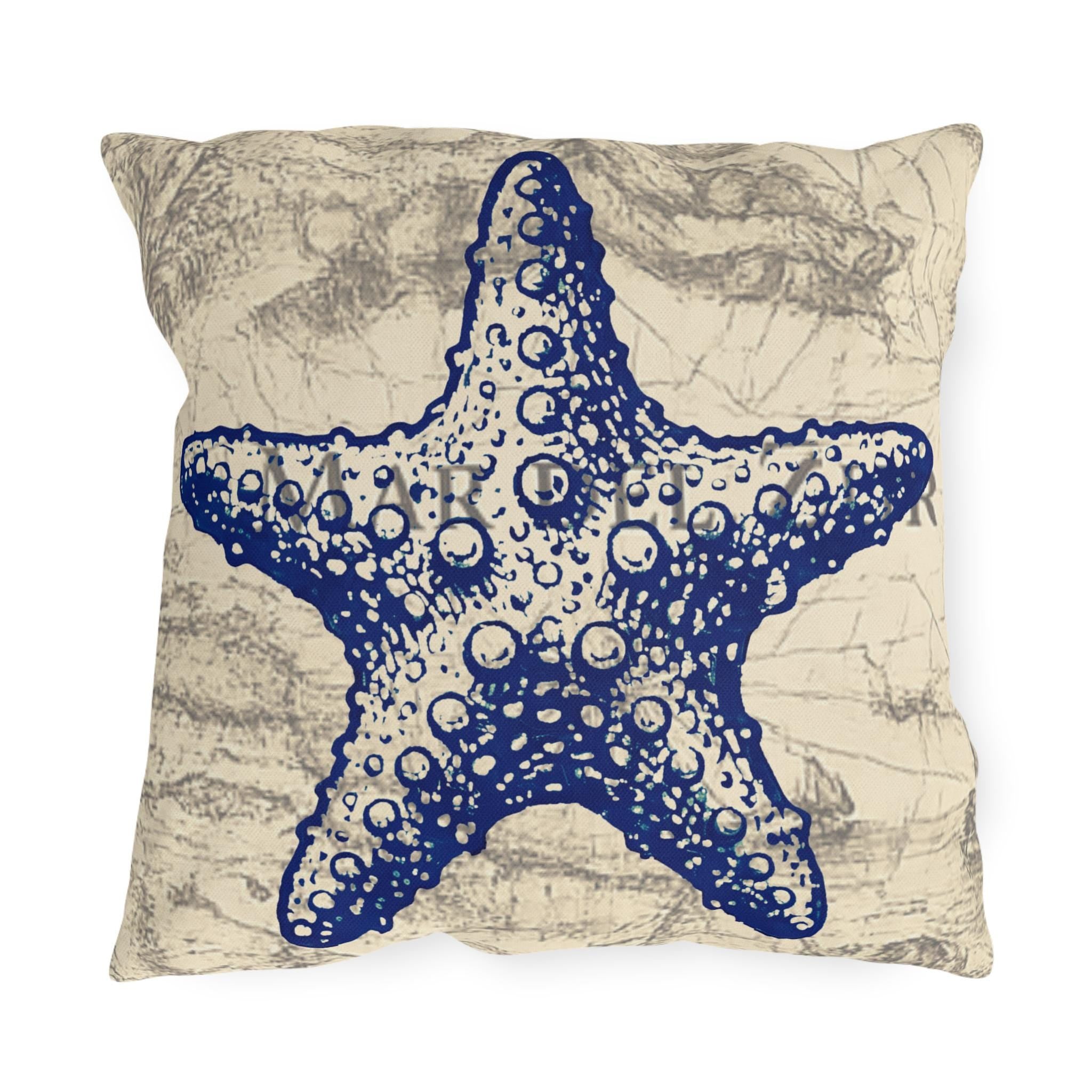 Nautical Blue Starfish Outdoor Pillow | Coastal Beach Decorative Cushion