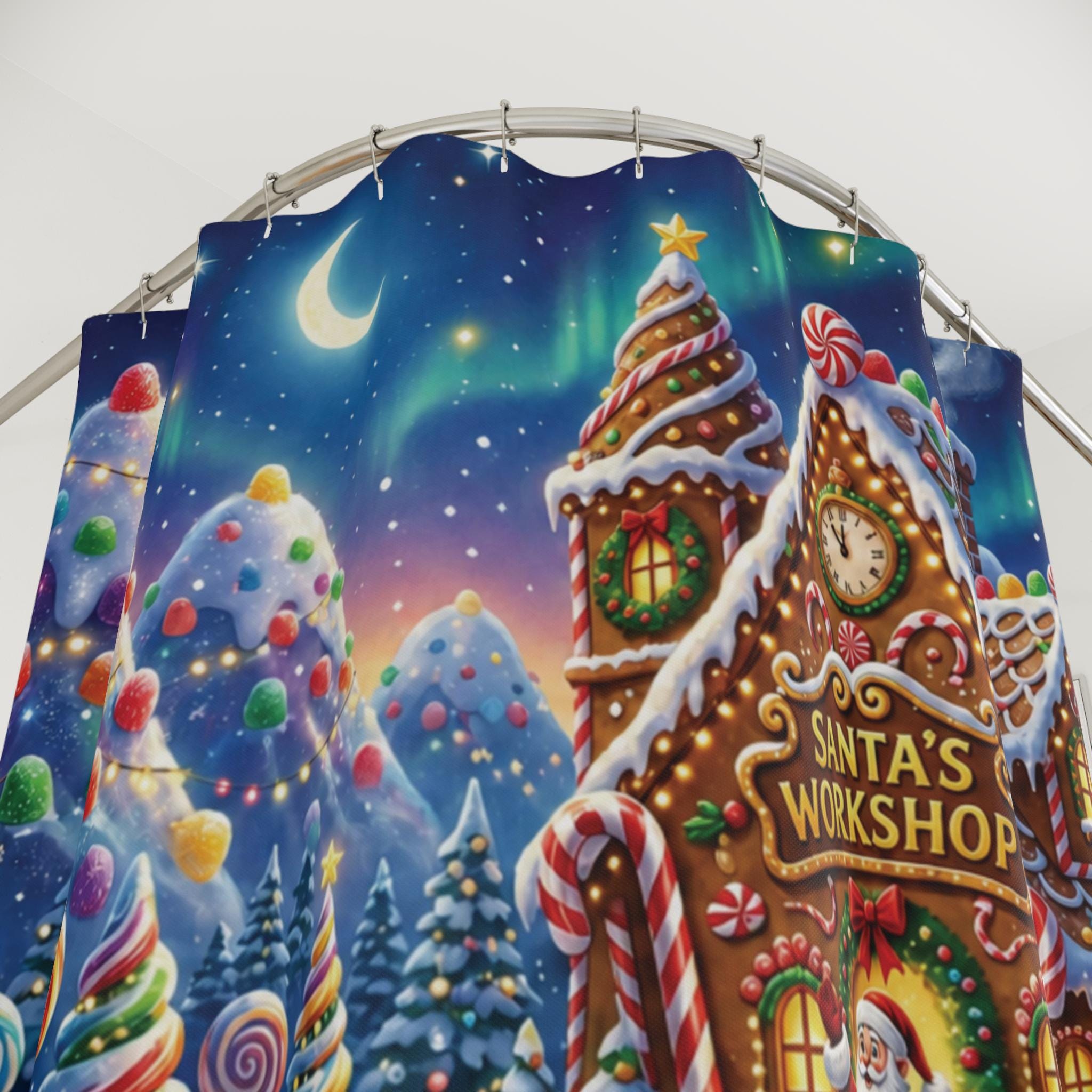 Christmas Candy Land Shower Curtain, Santa's Workshop Gingerbread Village, Festive Holiday Bathroom Decor, Colorful Whimsical Xmas Gift