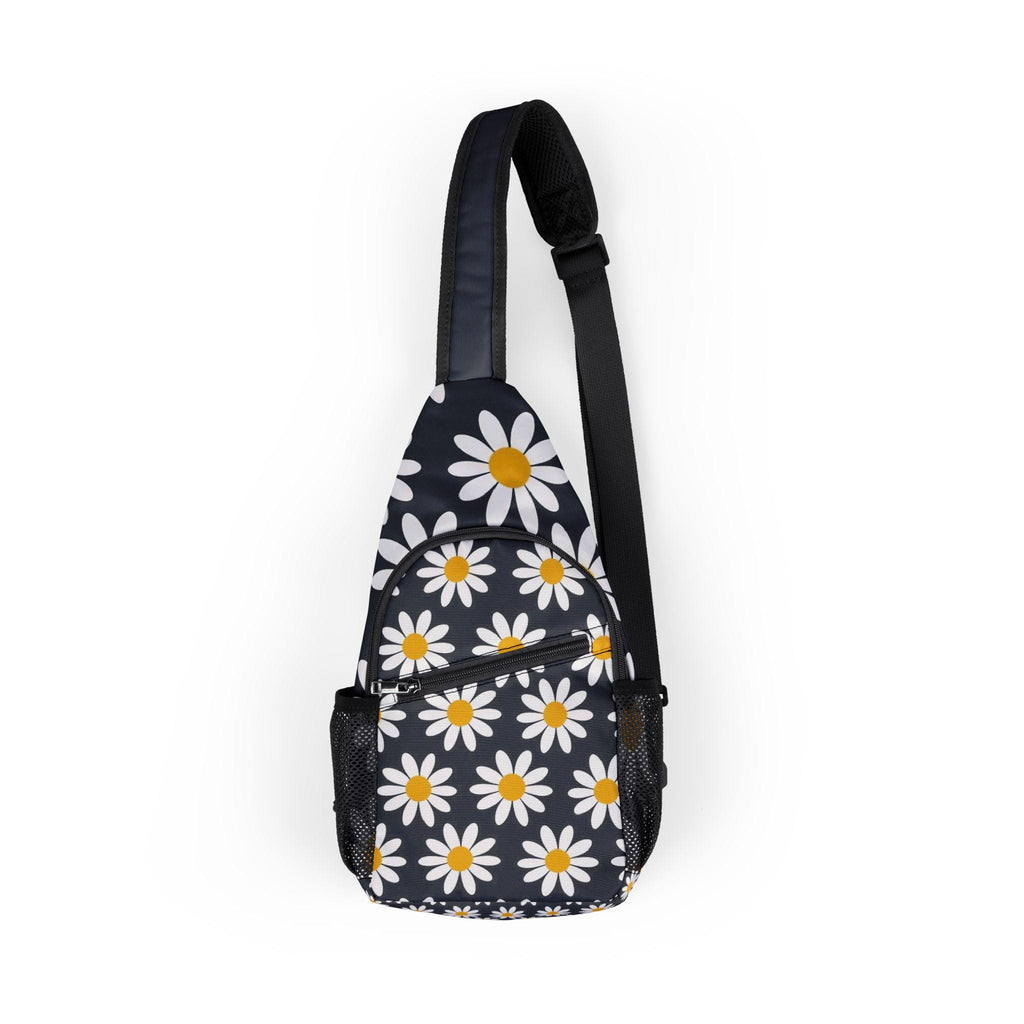 White Daisy Pattern Chest Bag | Black Background Sling, Graphic Sling Chest Bag, Her Shoulder Bag, Floral Pattern Chest Bag, Gift Sling Bag