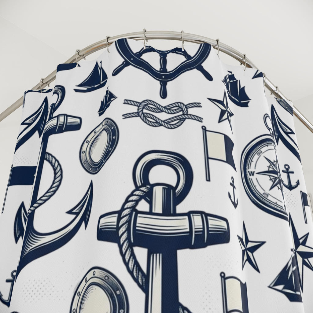 Nautical Anchor Pattern Shower Curtain Maritime Wheel Compass Sailboat, New Home Gift, Beach Lake Vacation Home Deco Graphic Shower Curtain
