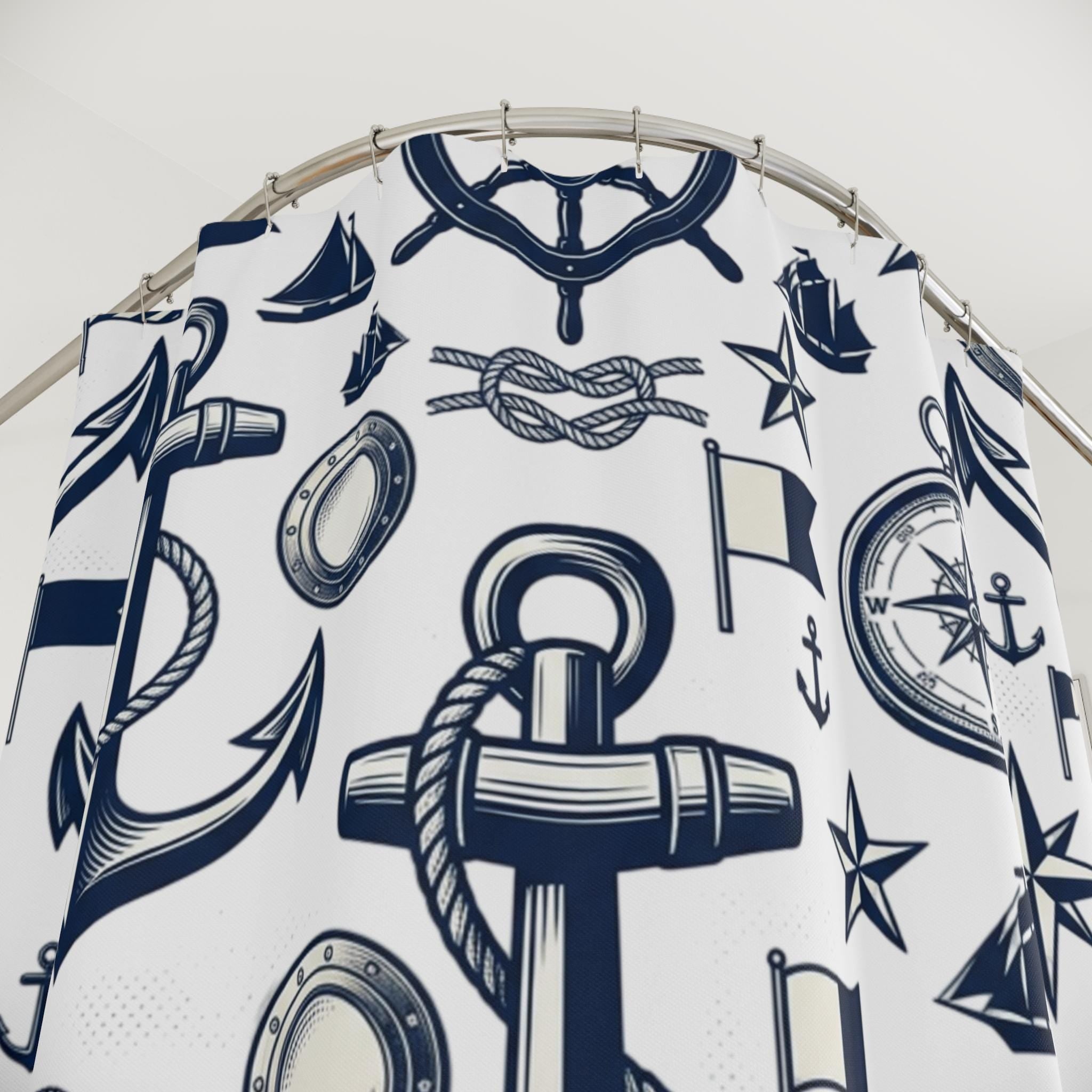 Nautical Anchor Pattern Shower Curtain Maritime Wheel Compass Sailboat, New Home Gift, Beach Lake Vacation Home Deco Graphic Shower Curtain