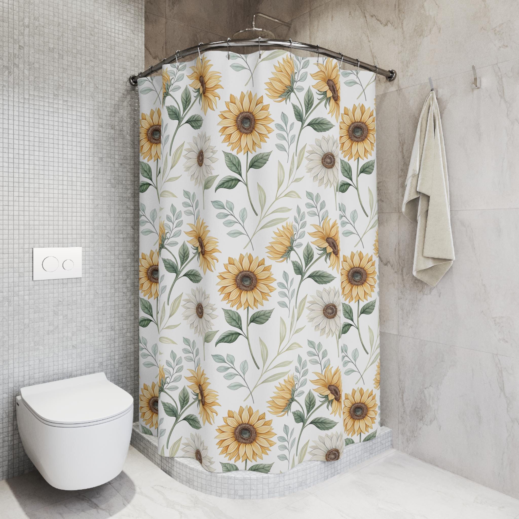Sunflower Shower Curtain, Watercolor Floral Bathroom Decor, Boho Farmhouse Yellow Flower Curtain, Cottagecore Spring Summer Bath Gift