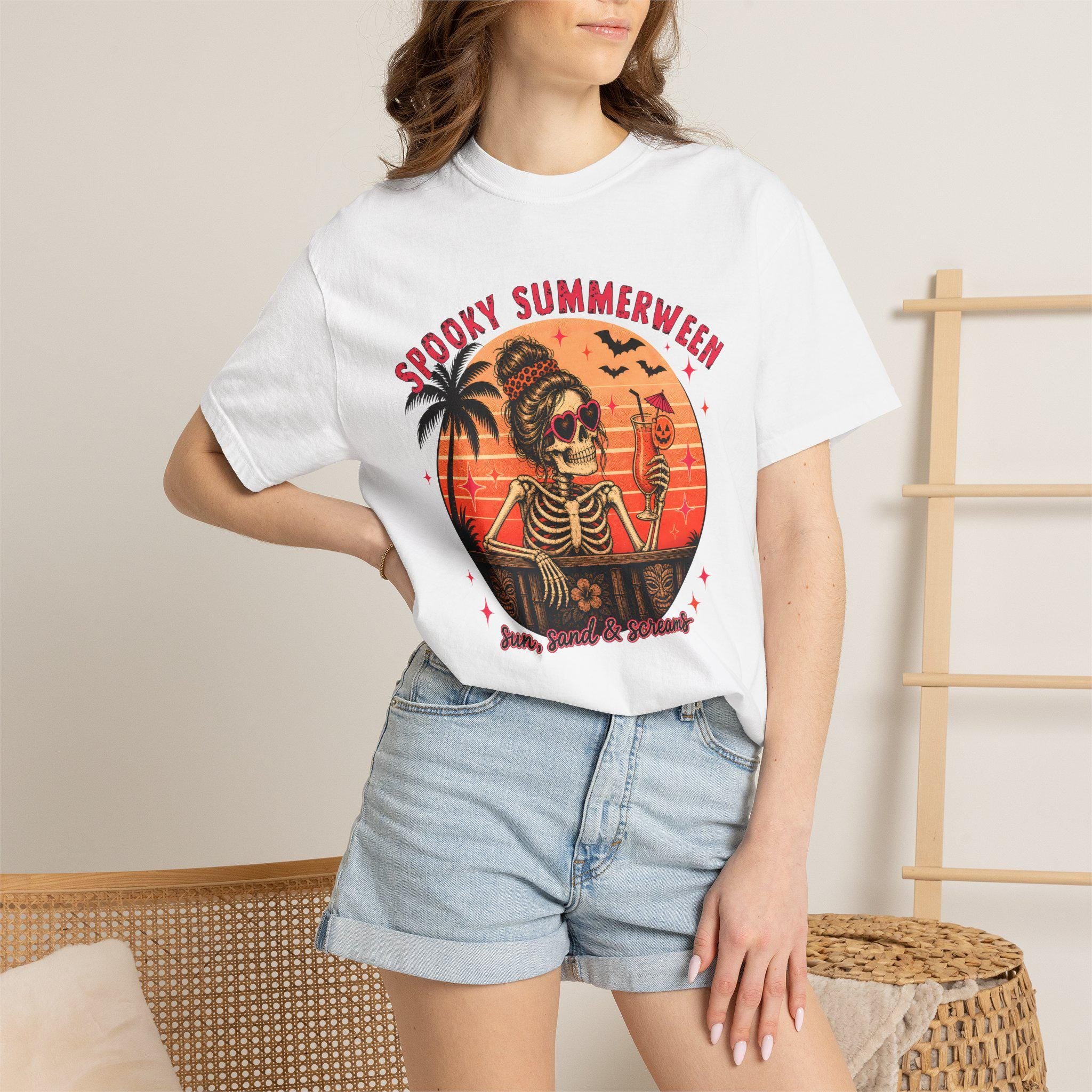Spooky Summerween T-Shirt, Sun Sand and Screams Skeleton Beach Shirt, Halloween in July Tee, Funny Skeleton Cocktail Shirt