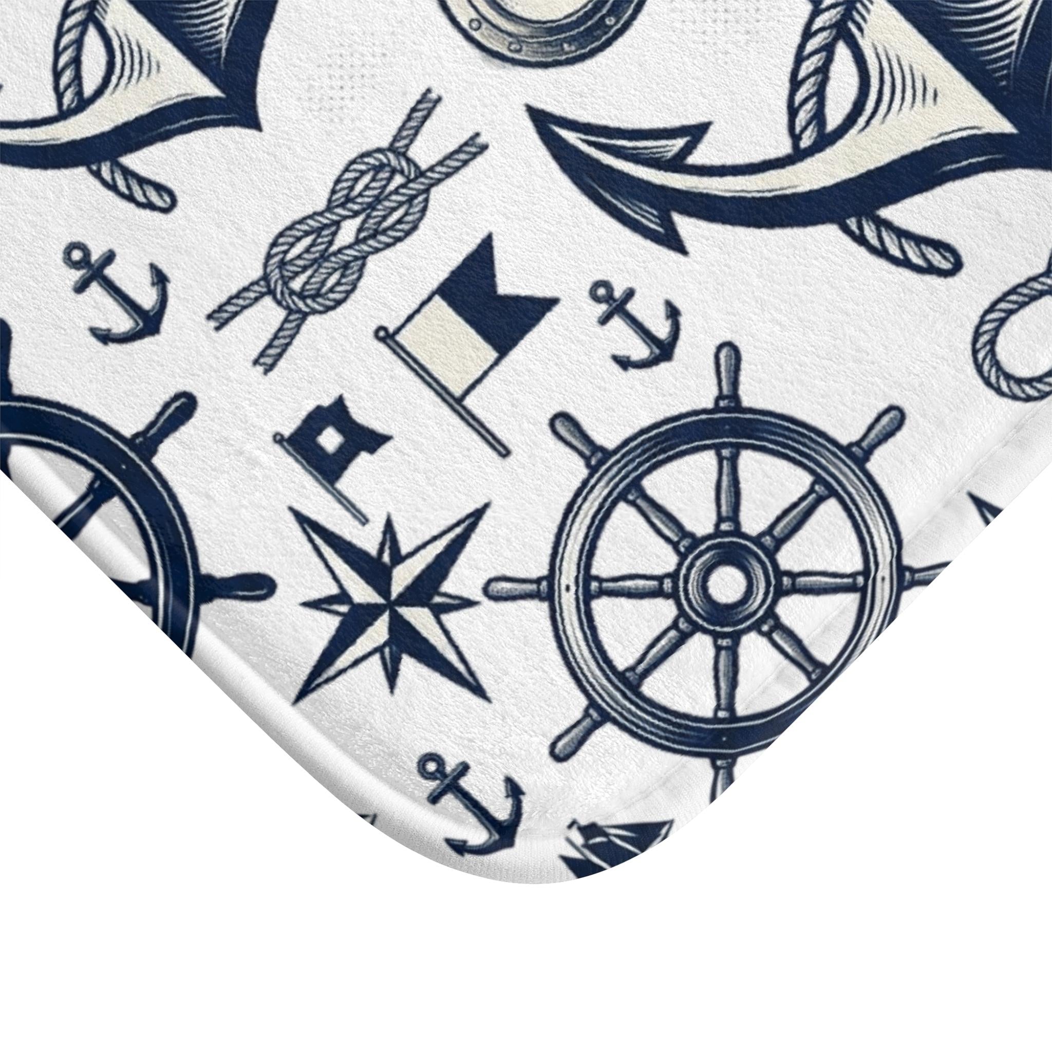 Nautical Anchor Pattern Bath Mat | Marine Wheel Compass Rope Design, Boating Bathroom Shower Curtain, Anchors Floor Rug Bathroom Floor Rug