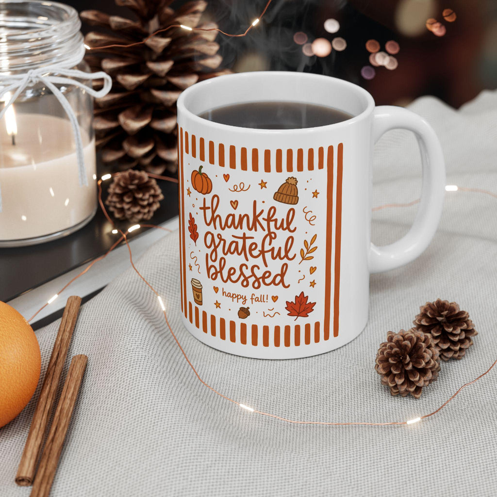 Thankful Grateful Blessed Ceramic Mug | 11oz 15oz, Fall Pumpkin Mug, Cozy Autumn Cup, Thanksgiving Gift, Farmhouse Kitchen Fall Coffee Cup