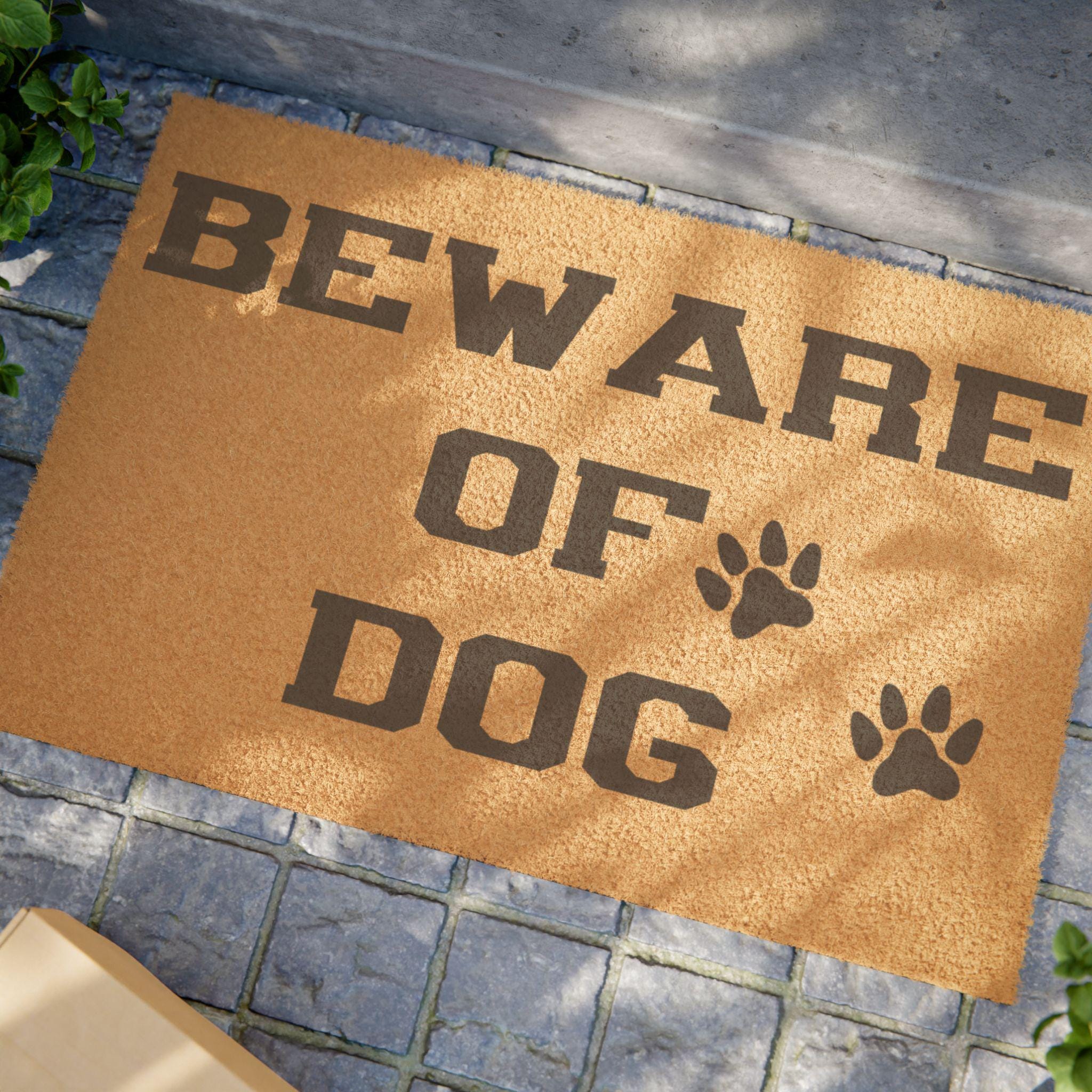 Beware of Dog Coir Doormat | Paw Print Welcome Mat