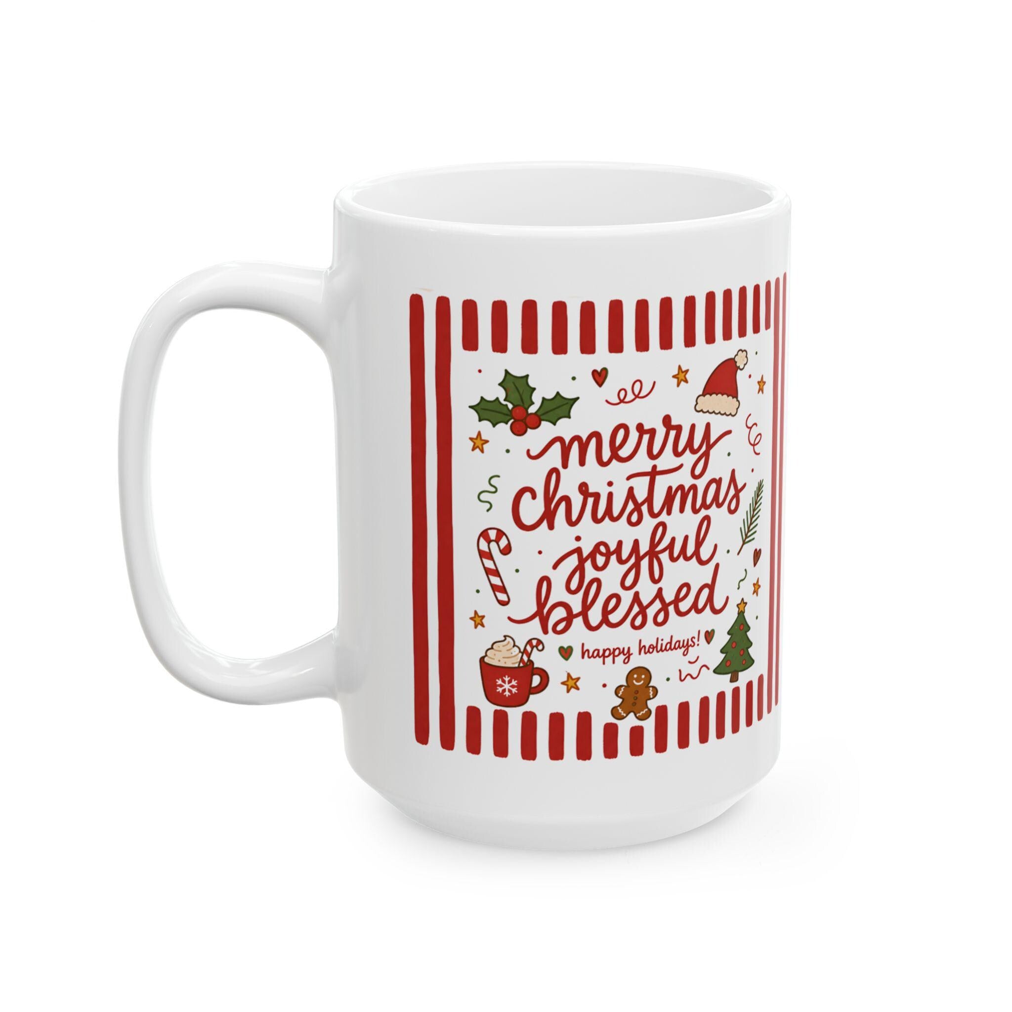 Festive Candy Cane Holly Christmas Typography Mug | 11oz 15oz