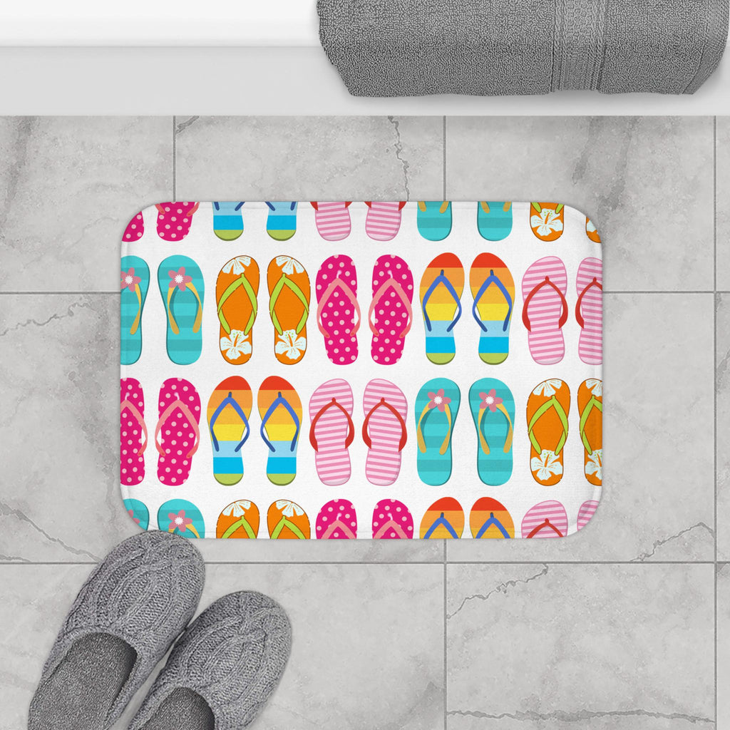 Colorful Flip Flops Pattern Bath Mat | Summer Beach Stripe Design, Beach House Bathmat, Coastal Home Deco Housewarming Gift, Beach Style Rug