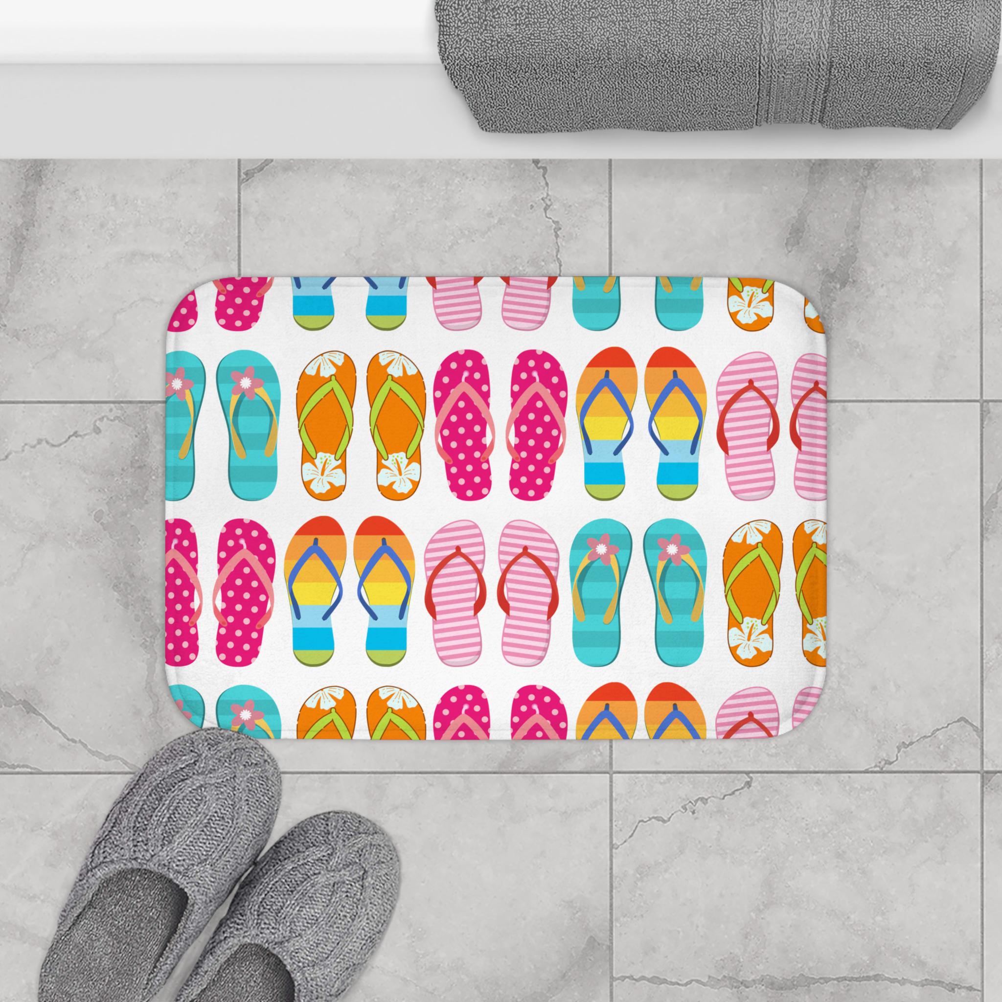 Colorful Flip Flops Pattern Bath Mat | Summer Beach Stripe Design, Beach House Bathmat, Coastal Home Deco Housewarming Gift, Beach Style Rug
