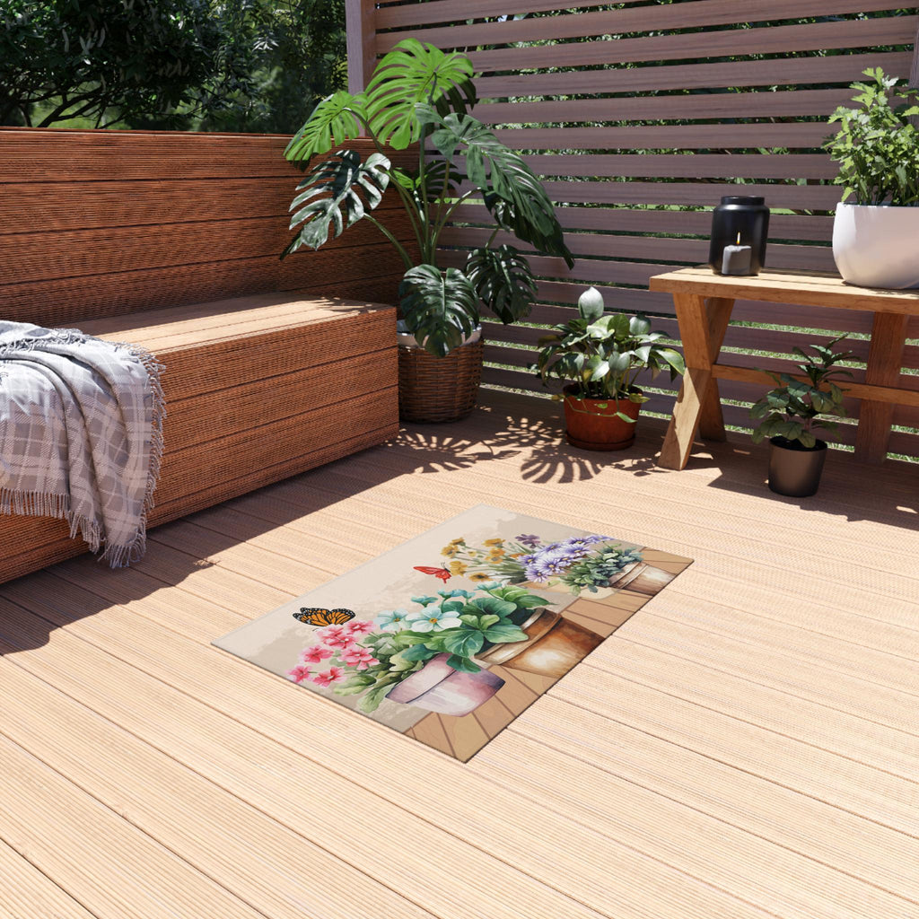 Potted Flowers Butterflies Outdoor Rug | Floral Patio Mat, Cottage Charm Home