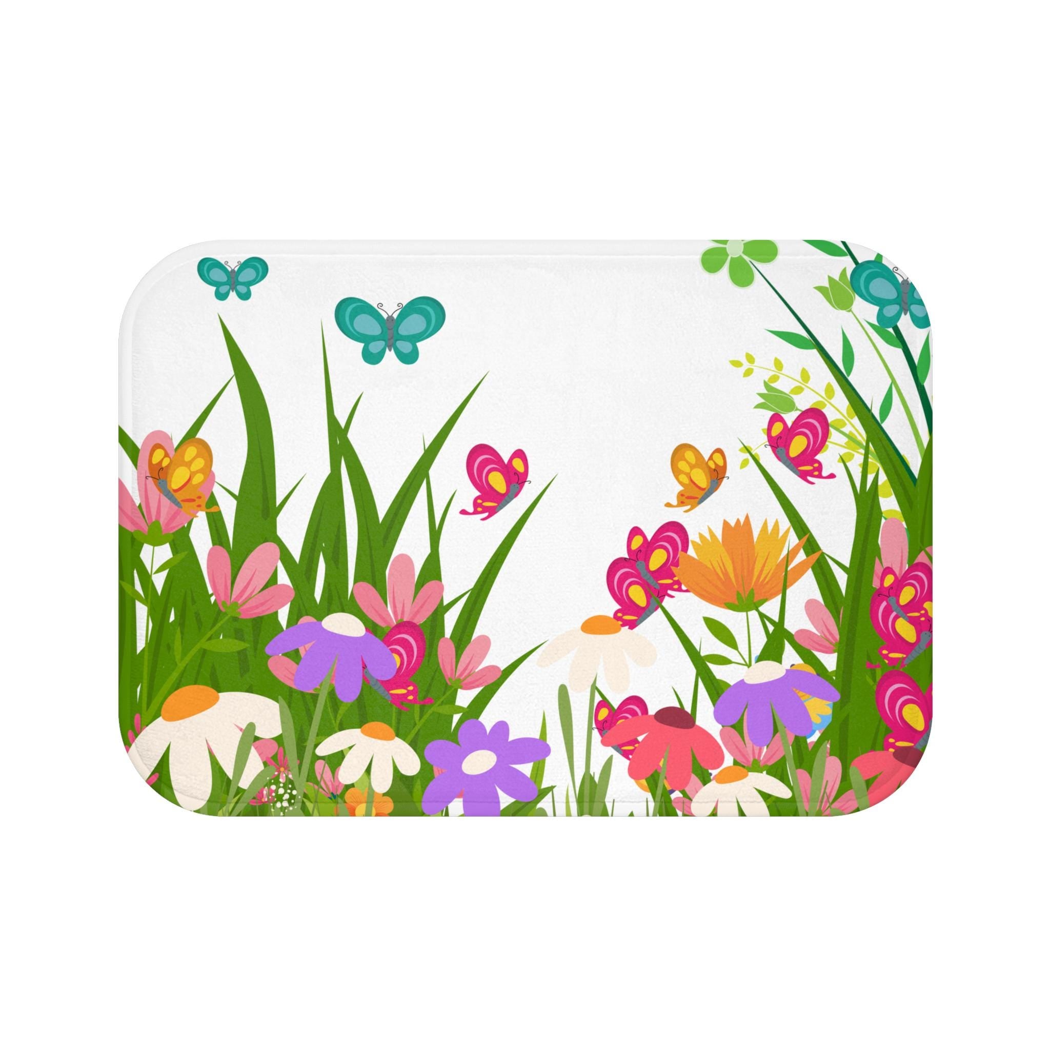 Colorful Wildflower Meadow Bath Mat | Butterflies Floral Spring, Cute Bathmat, Housewarming Gift, Floral Bathroom Deco, Luxury Bathroom Rug