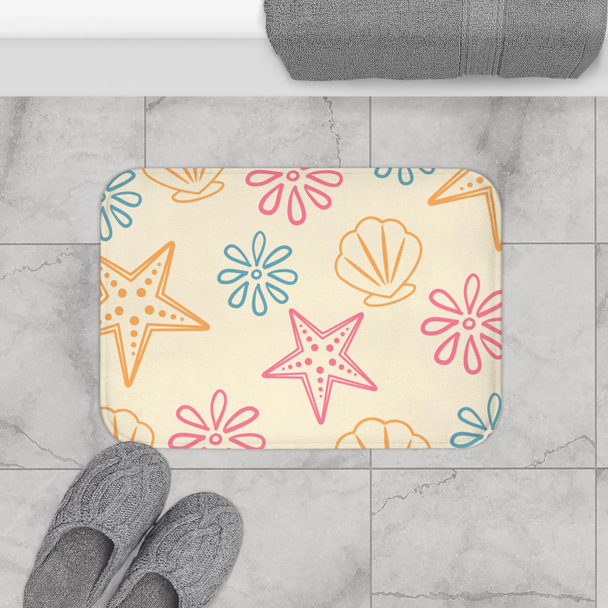 Pastel Seashell Starfish Pattern Bath Mat  Beach Bathroom Decor, Coastal Inspired Beach Bathroom Rug, Housewarming Gift, Seaside Bathroommat