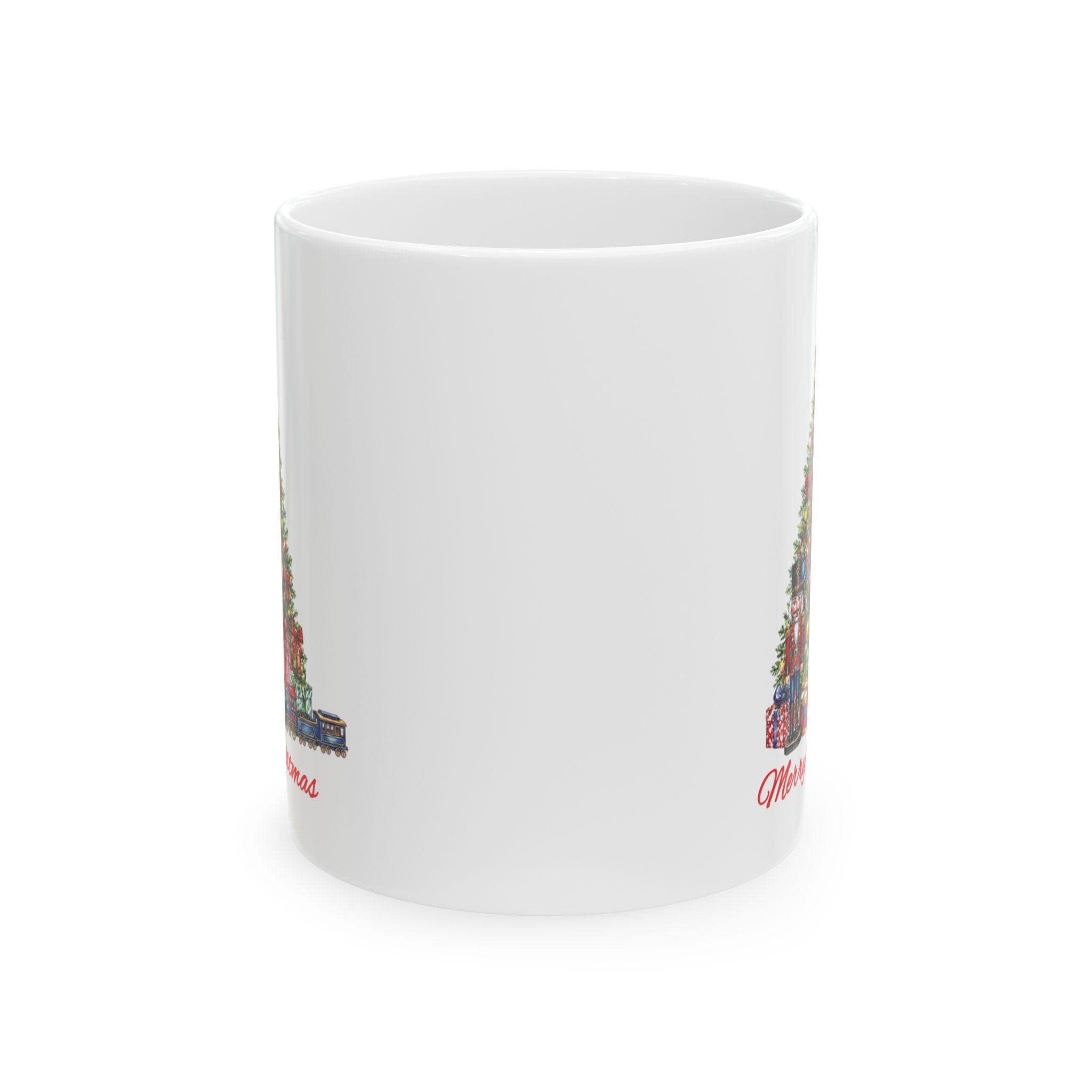 Merry Christmas Tree Mug, Nutcracker Train Gifts Coffee Cup, Vintage Holiday Mug, Christmas Morning Mug Gift, Xmas Tree Hot Cocoa Mug
