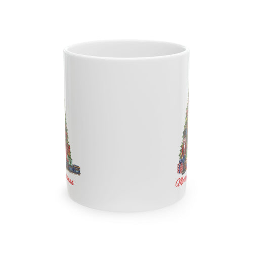 Merry Christmas Tree Mug, Nutcracker Train Gifts Coffee Cup, Vintage Holiday Mug, Christmas Morning Mug Gift, Xmas Tree Hot Cocoa Mug