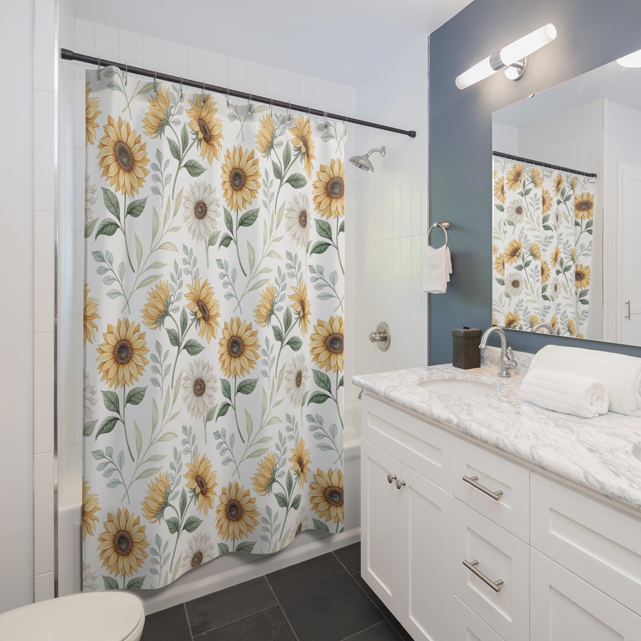 Sunflower Shower Curtain, Watercolor Floral Bathroom Decor, Boho Farmhouse Yellow Flower Curtain, Cottagecore Spring Summer Bath Gift