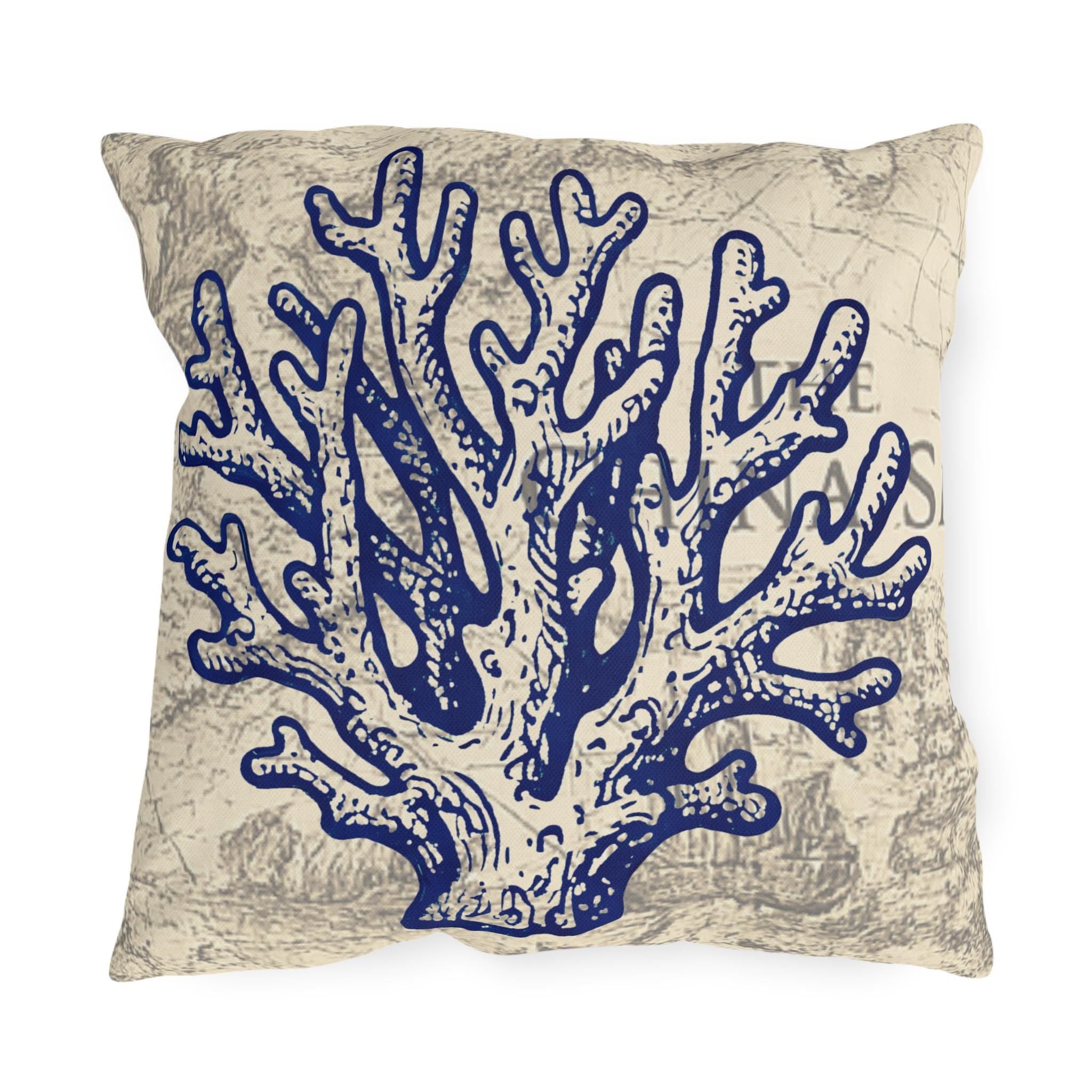 Nautical Blue Coral Outdoor Pillow | Coastal Seaside Map Accent, Beach House Porch Cushion