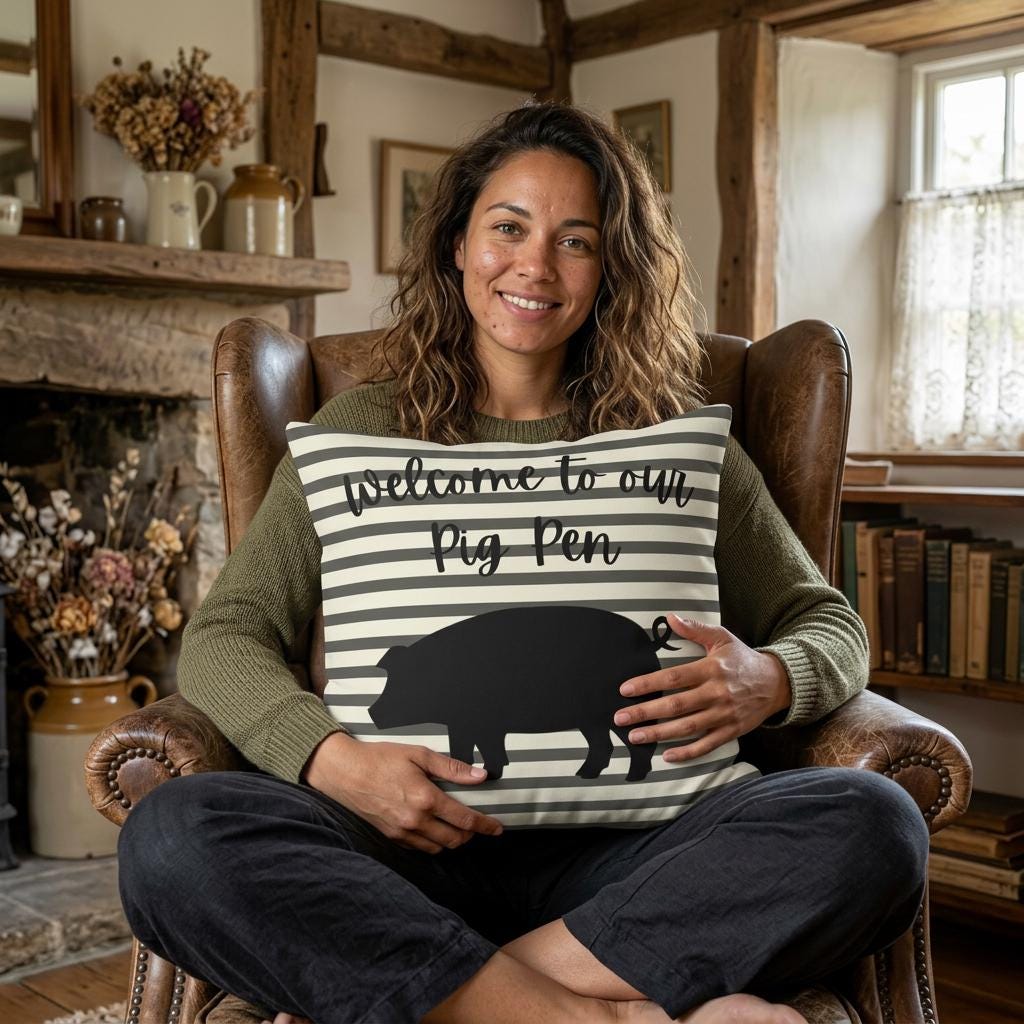 Farmhouse Pig Silhouette Pillow, Striped Country Cottage Decor