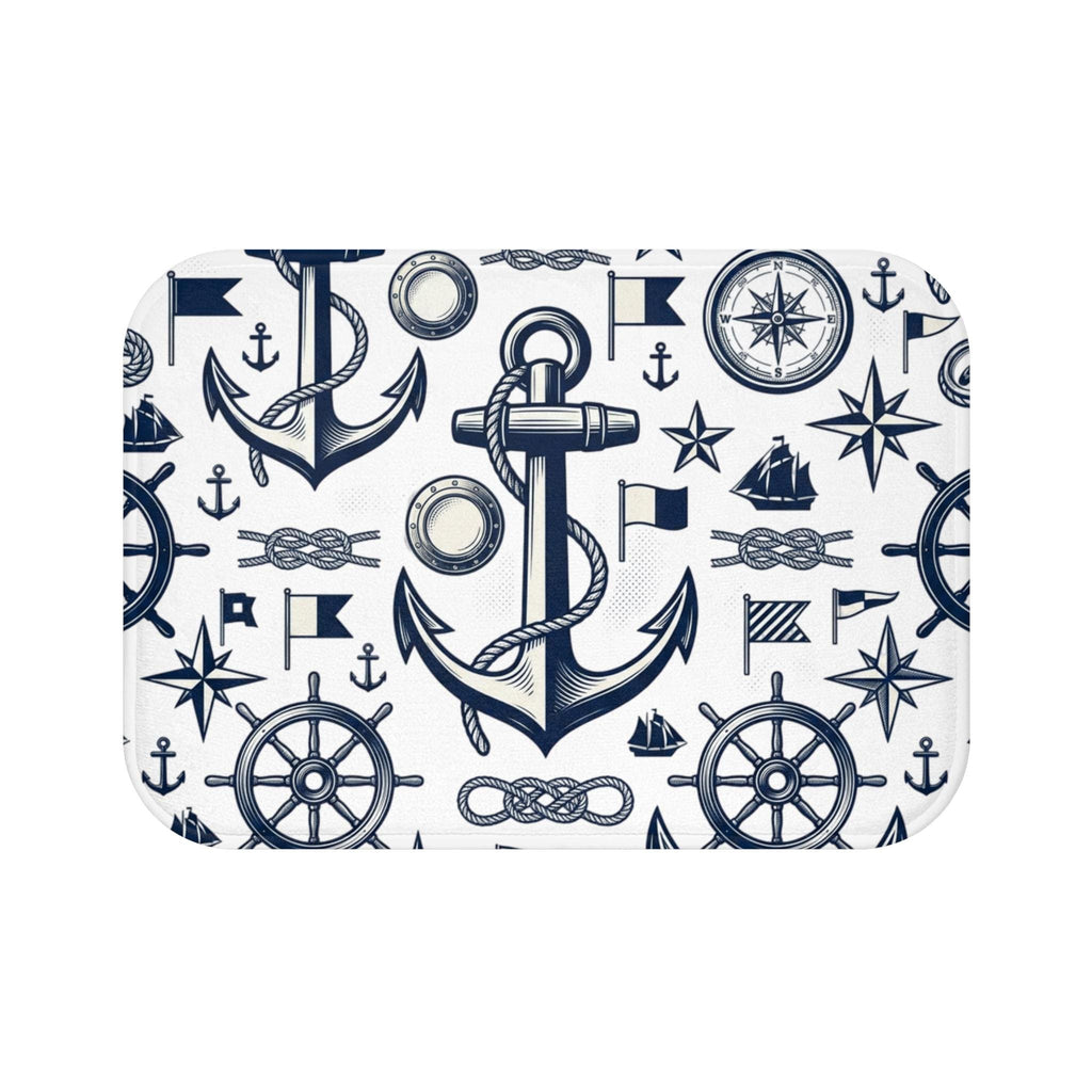Nautical Anchor Pattern Bath Mat | Marine Wheel Compass Rope Design, Boating Bathroom Shower Curtain, Anchors Floor Rug Bathroom Floor Rug