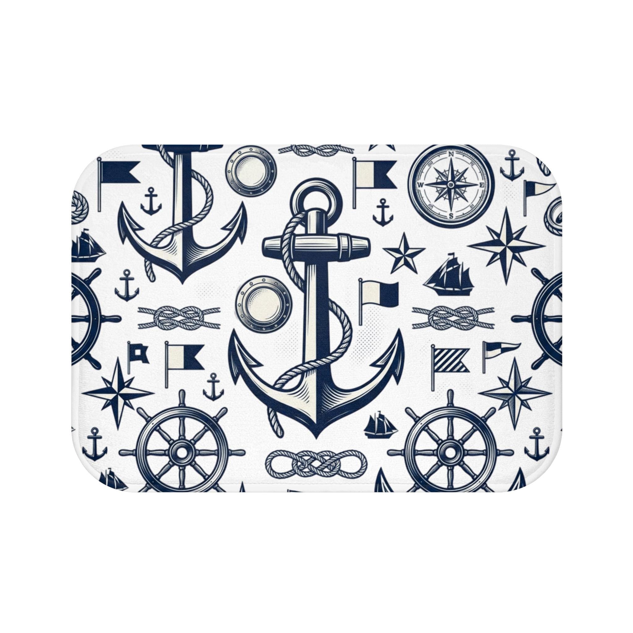 Nautical Anchor Pattern Bath Mat | Marine Wheel Compass Rope Design, Boating Bathroom Shower Curtain, Anchors Floor Rug Bathroom Floor Rug