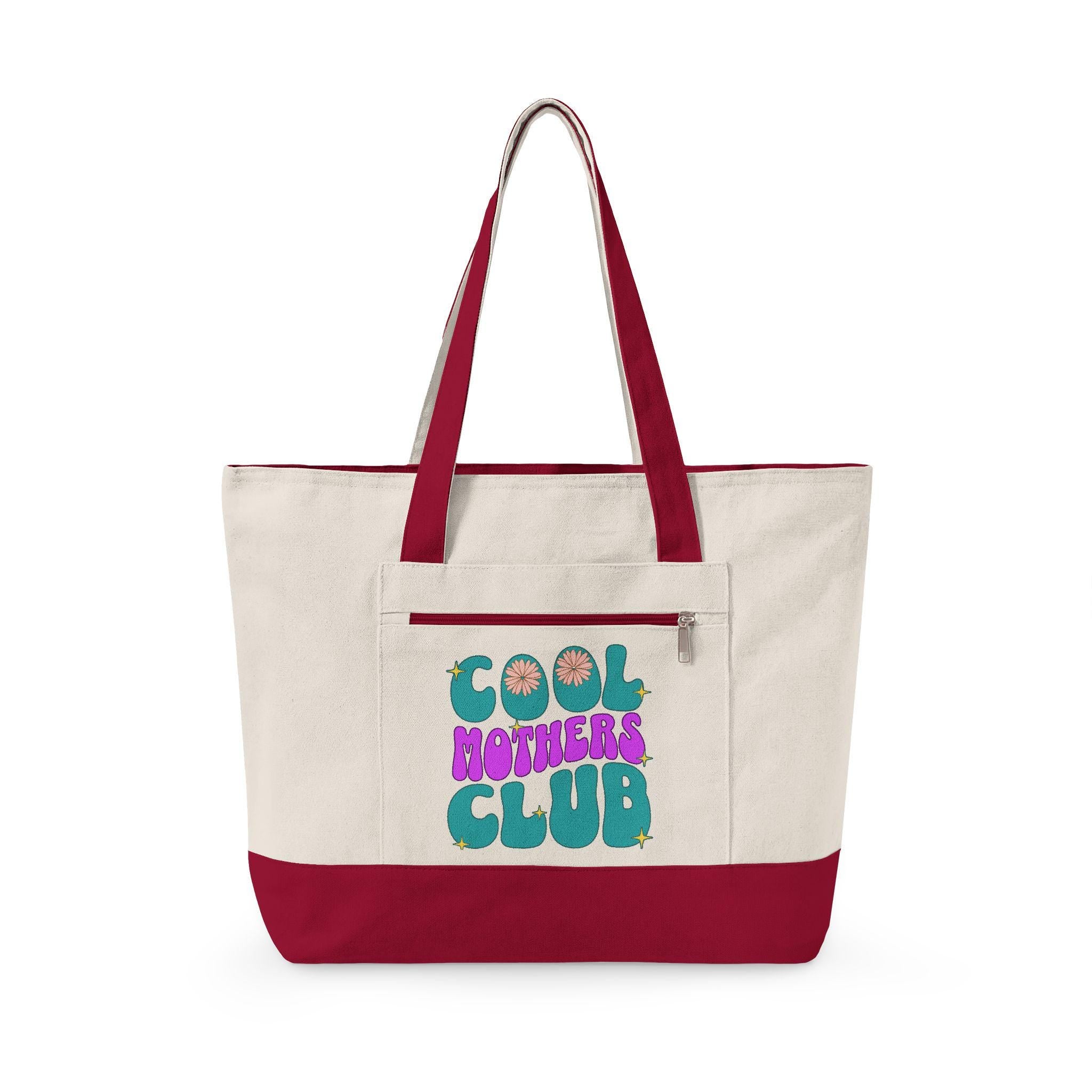 Mothers Club Zippered Canvas Tote | Retro Floral Design, Daily Shopping Bag
