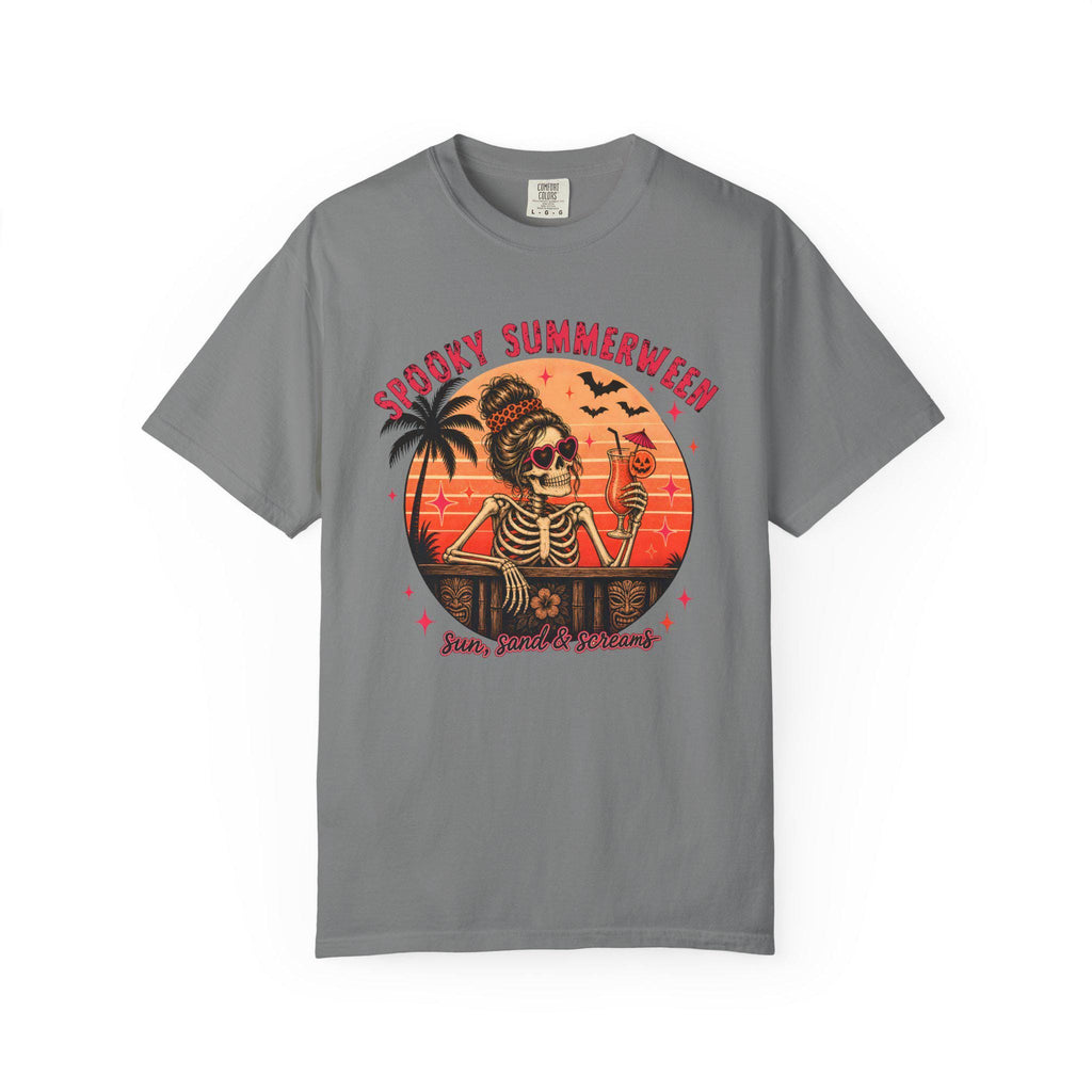 Spooky Summerween T-Shirt, Sun Sand and Screams Skeleton Beach Shirt, Halloween in July Tee, Funny Skeleton Cocktail Shirt