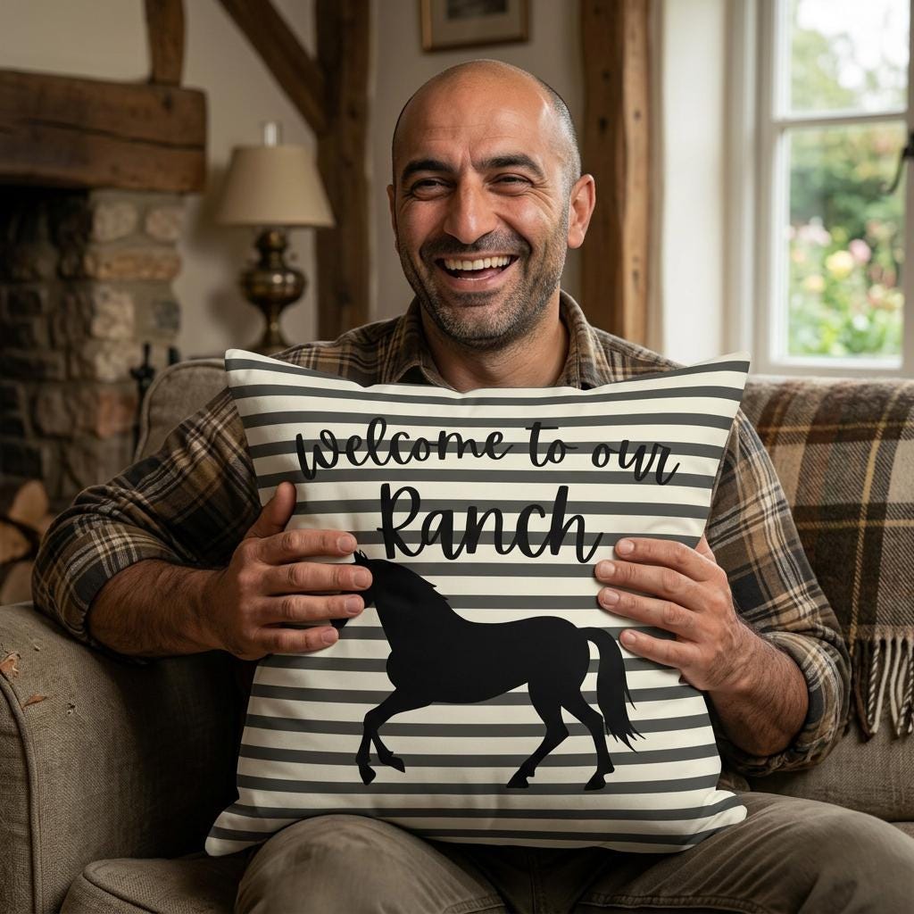 Welcome to our Ranch Horse Pillow | Striped Farmhouse Throw Pillow, Farmhouse Living Room Deco, Country Cottage Deco, New Home Gift