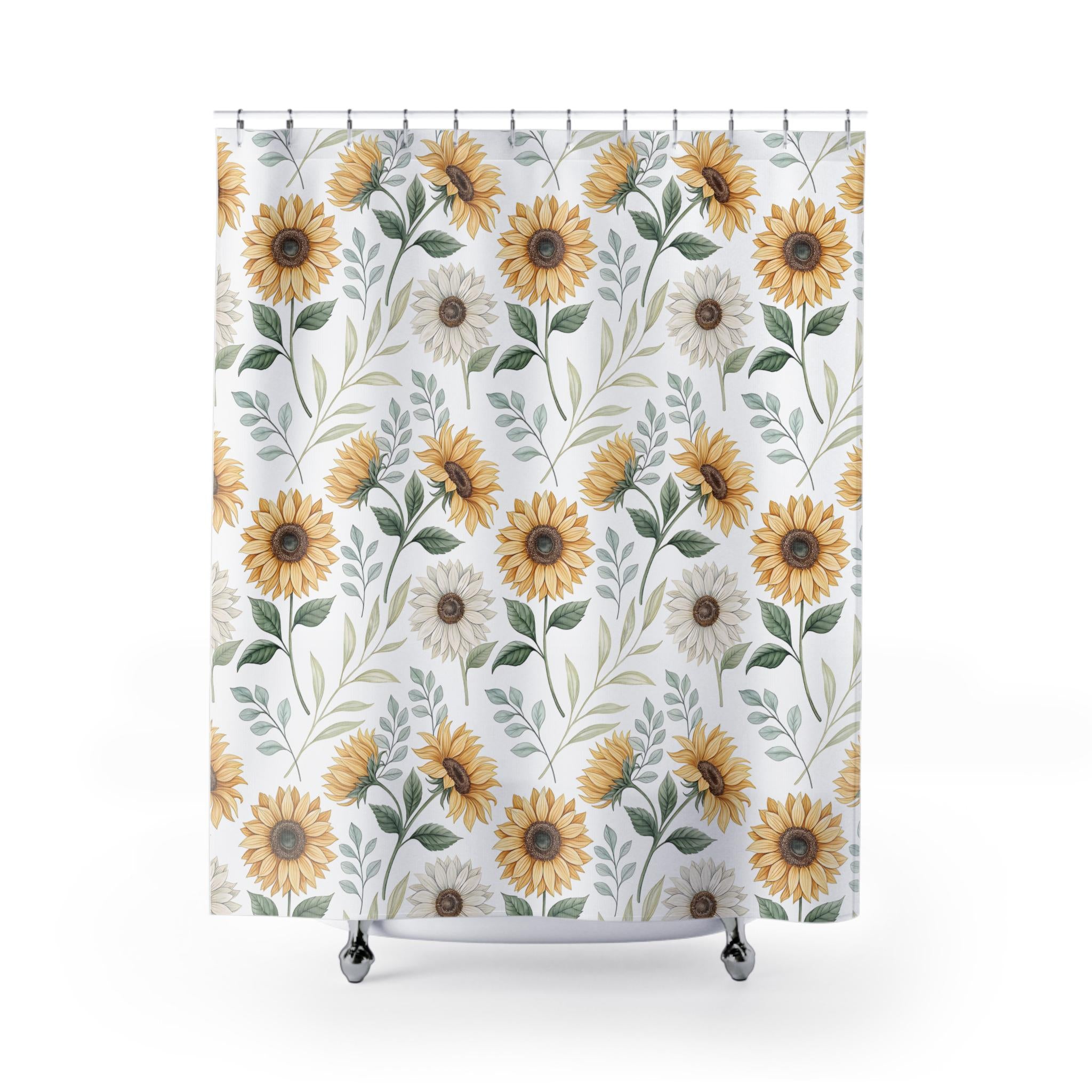 Sunflower Shower Curtain, Watercolor Floral Bathroom Decor, Boho Farmhouse Yellow Flower Curtain, Cottagecore Spring Summer Bath Gift