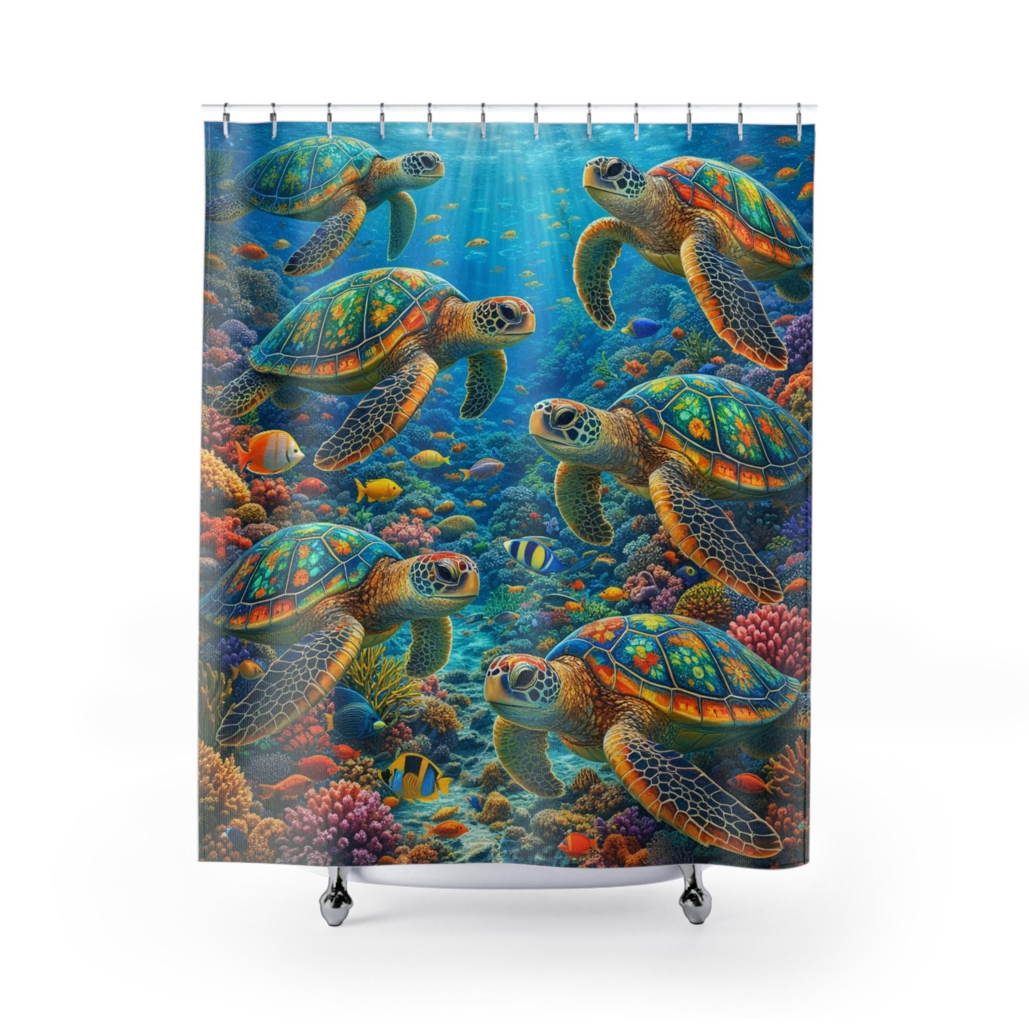 Sea Turtle Shower Curtain, Colorful Ocean Coral Reef Bathroom Decor, Tropical Fish Underwater Print, Beach House Bathroom, Nature Art Gift