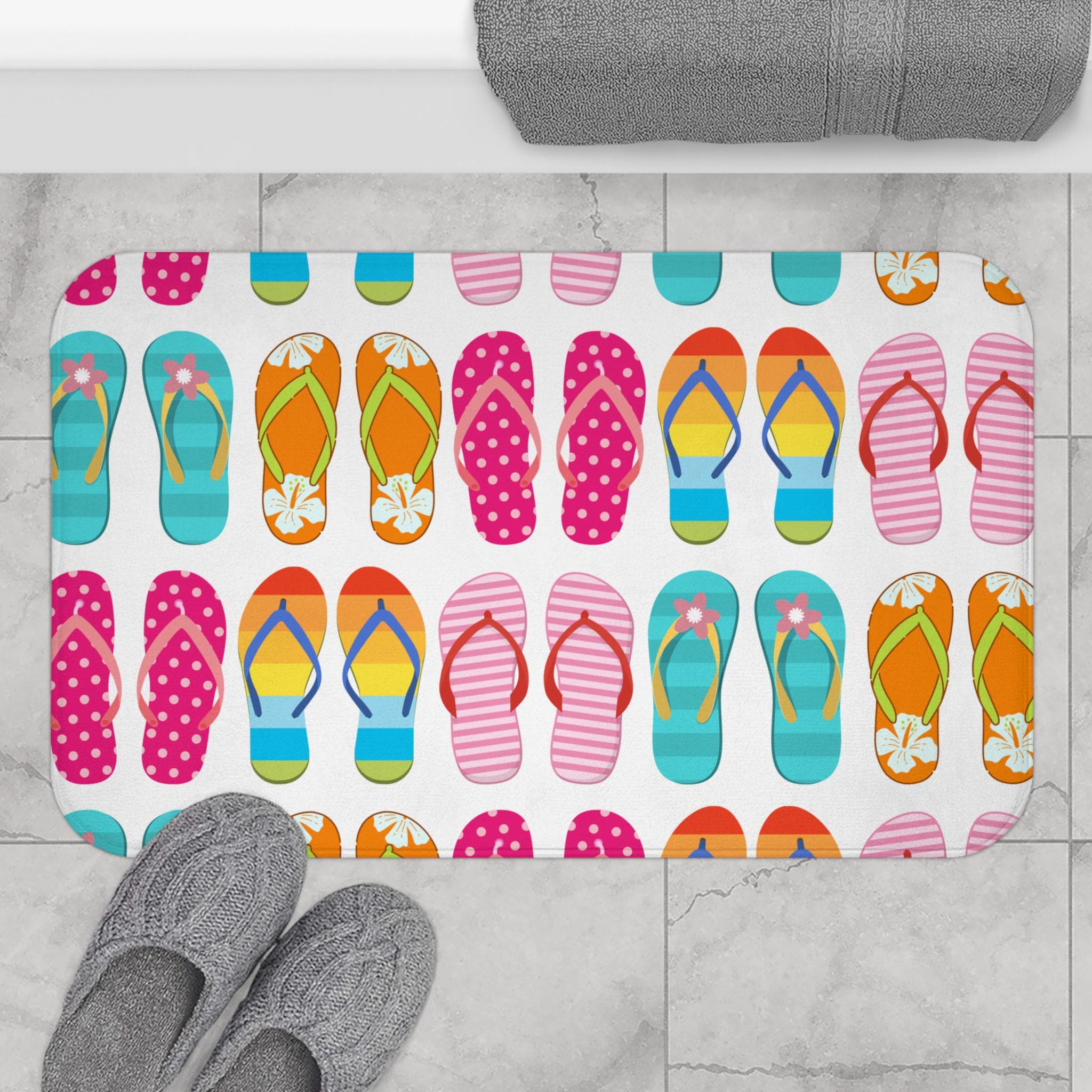 Colorful Flip Flops Pattern Bath Mat | Summer Beach Stripe Design, Beach House Bathmat, Coastal Home Deco Housewarming Gift, Beach Style Rug