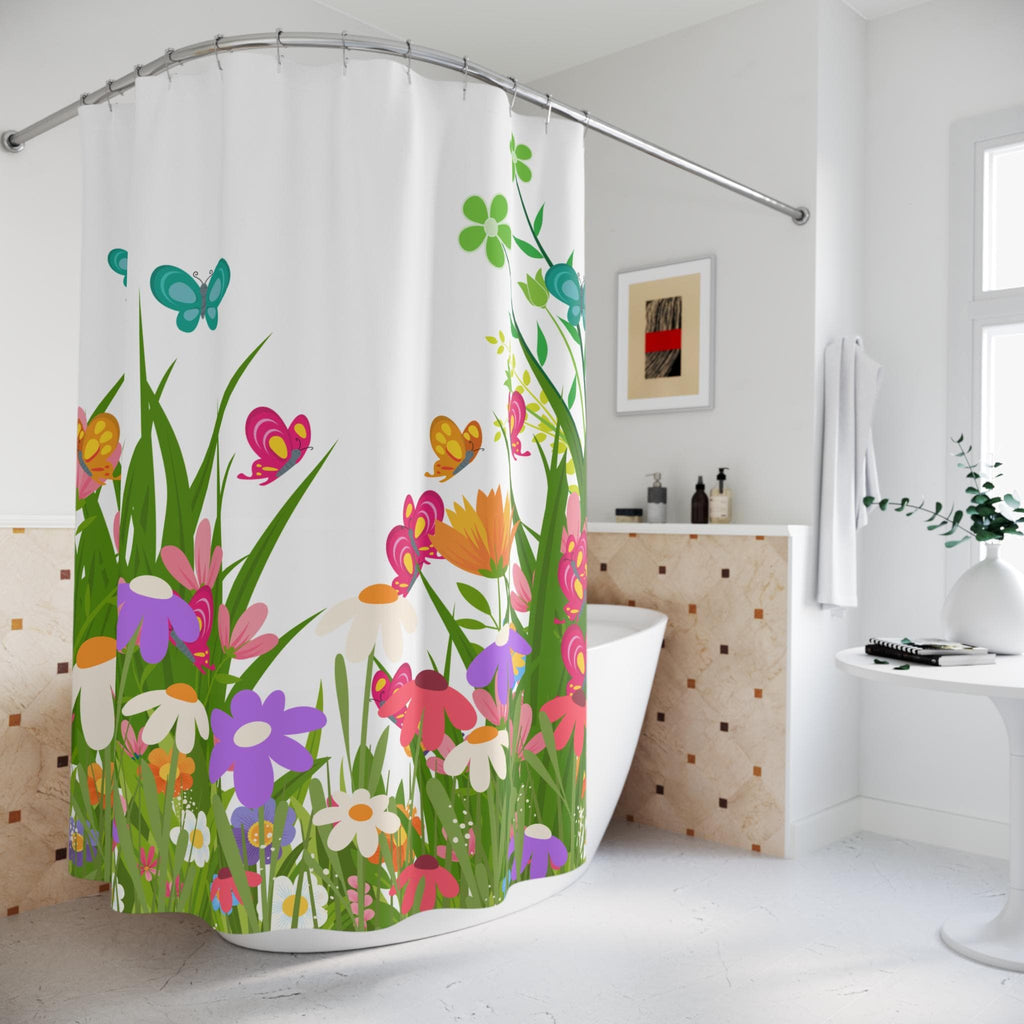 Colorful Wildflower Meadow Shower Curtain | Butterflies, Grass, Floral, New Home Bathroom Gift, Flower Pattern Shower Curtain