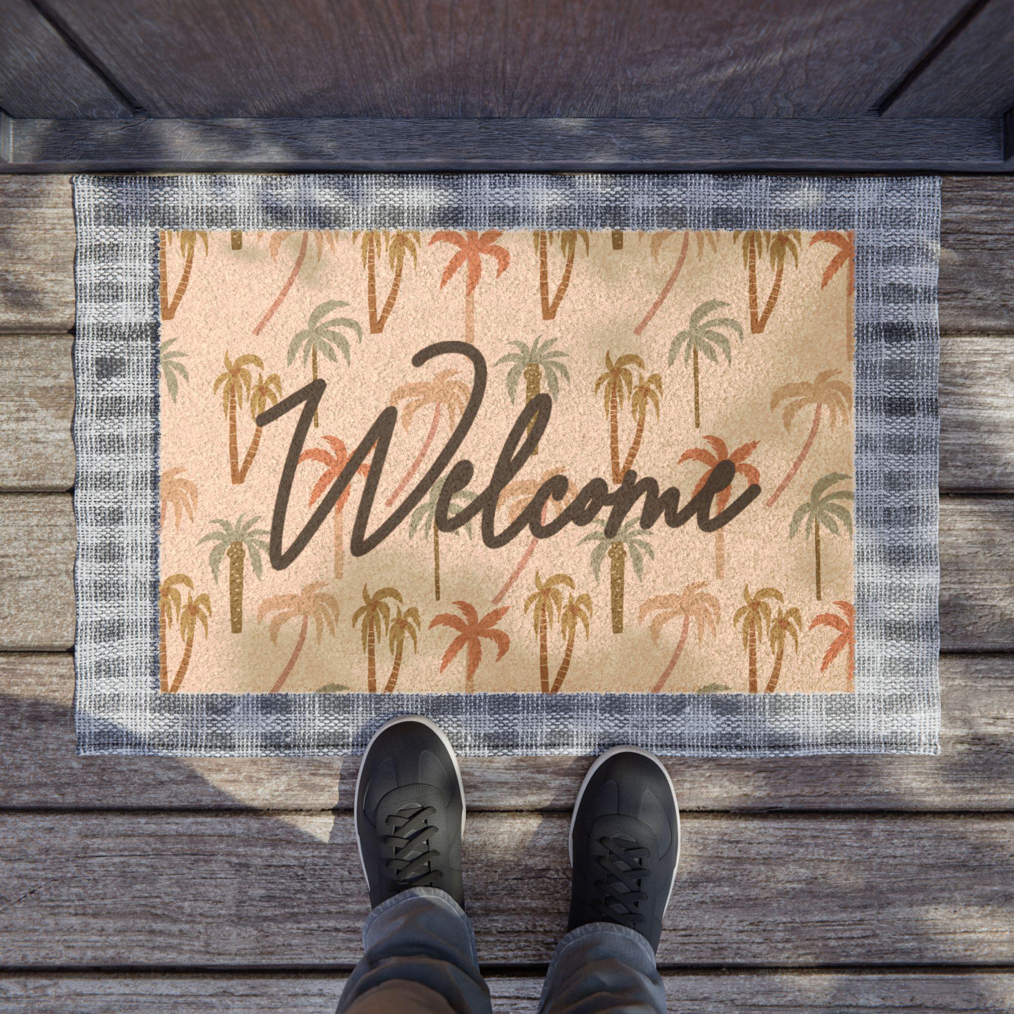 Welcome Palm Tree Coir Doormat | Tropical Entryway Decor