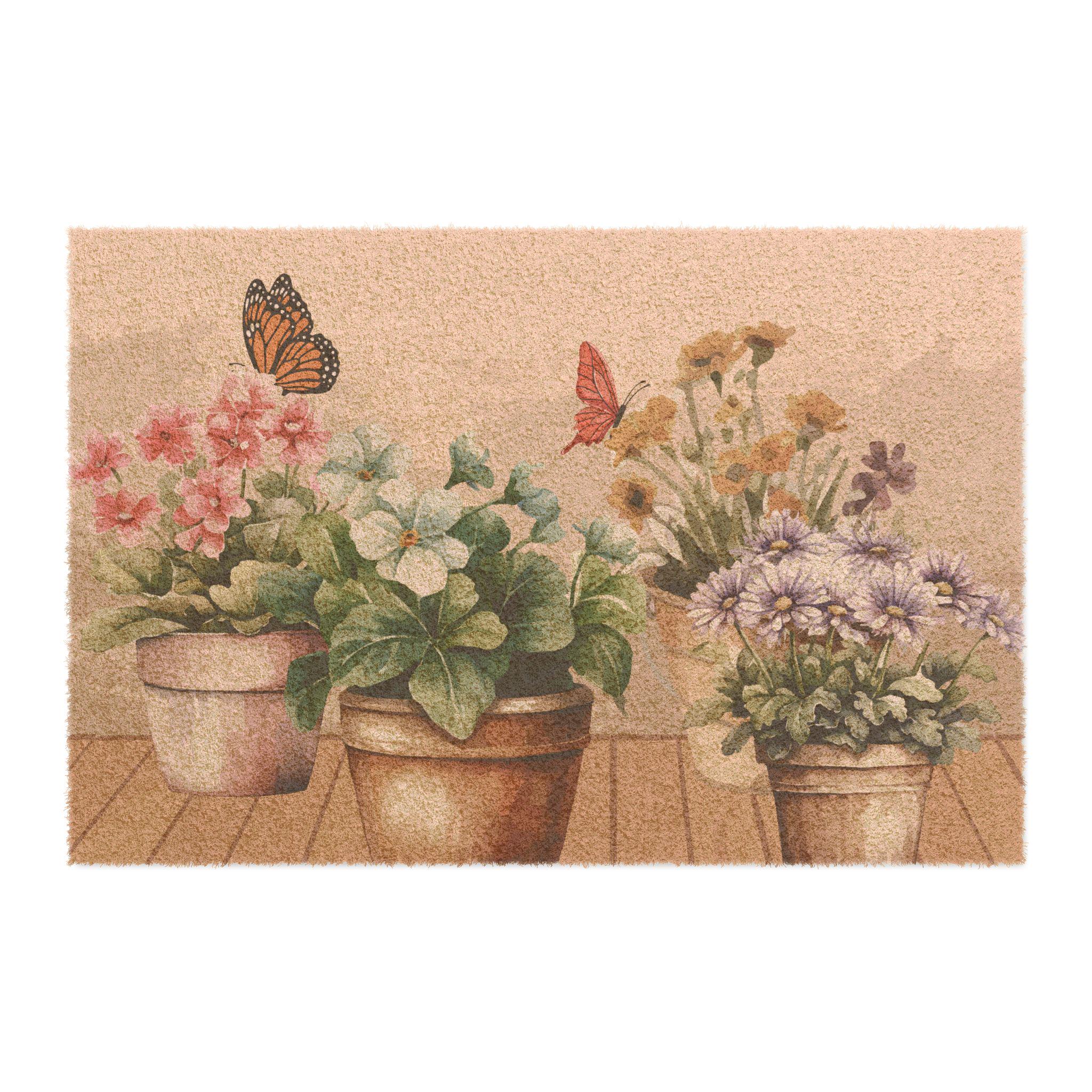 Potted Flower and Butterfly Doormat | Cottage Charm Entryway Rug