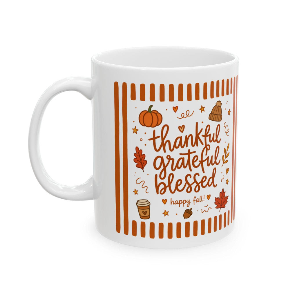 Thankful Grateful Blessed Ceramic Mug | 11oz 15oz, Fall Pumpkin Mug, Cozy Autumn Cup, Thanksgiving Gift, Farmhouse Kitchen Fall Coffee Cup
